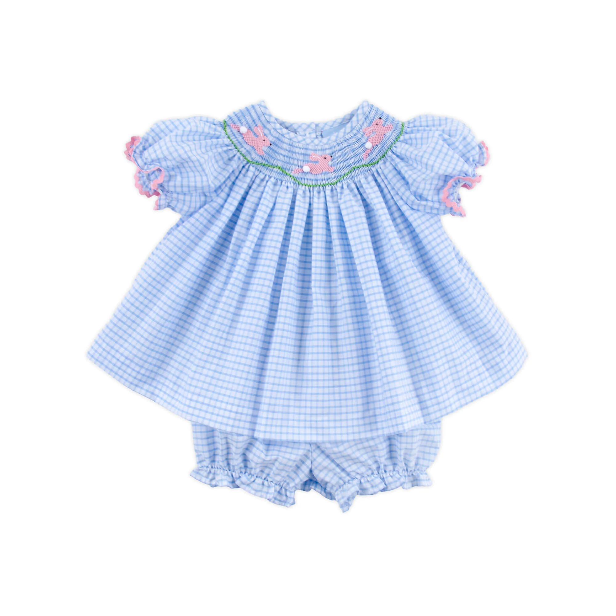 Bunny Love Smocked Light Blue Windowpane Bloomer Set - Image 3