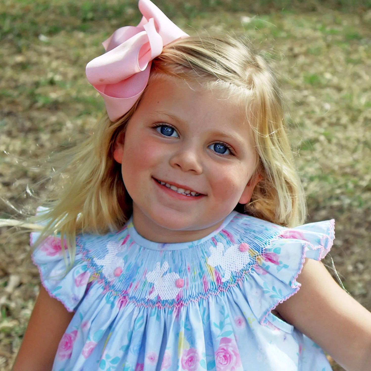Bunny Smocked Turquoise Angel Sleeve Dress - Image 3