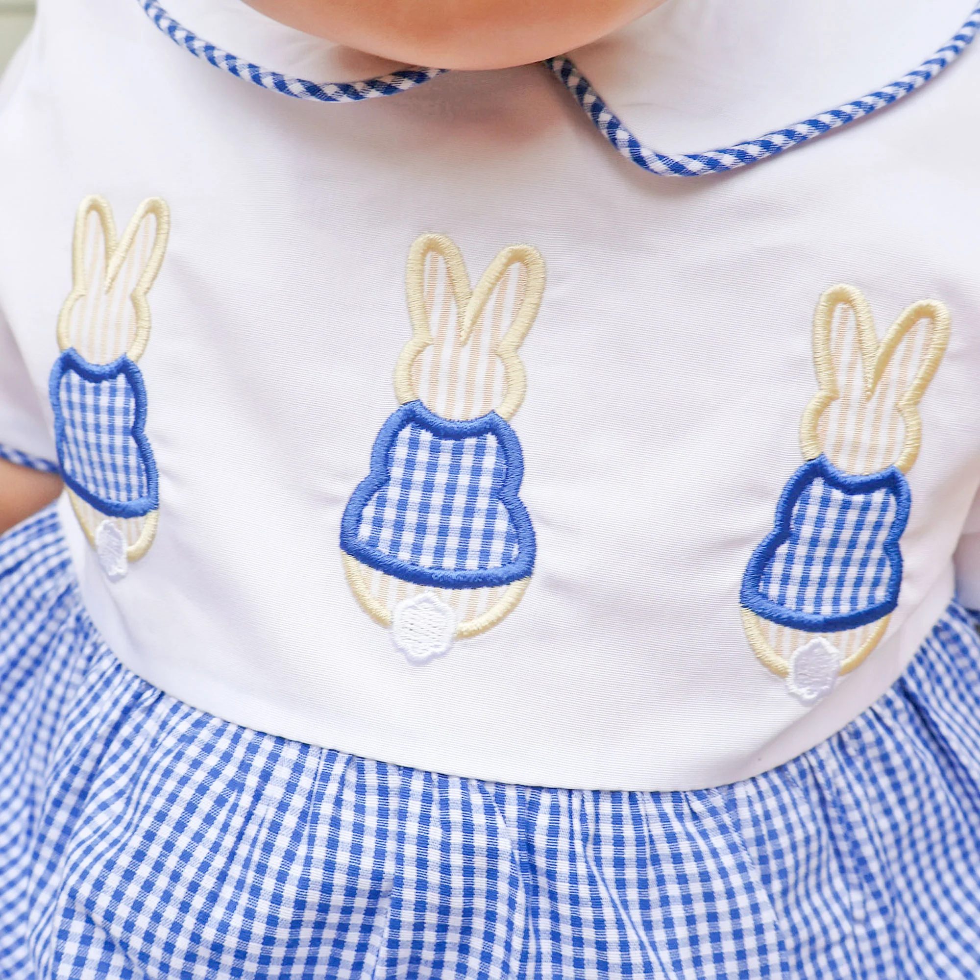 Storybook Bunny Trio Blue Gingham Collared Bubble - Image 3