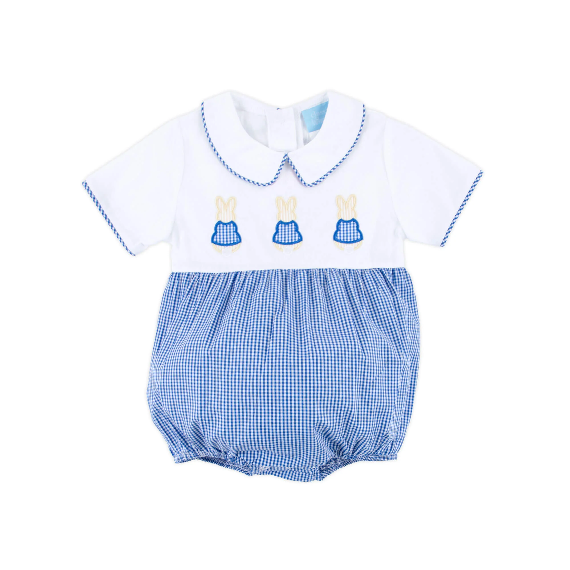 Storybook Bunny Trio Blue Gingham Collared Bubble - Image 4