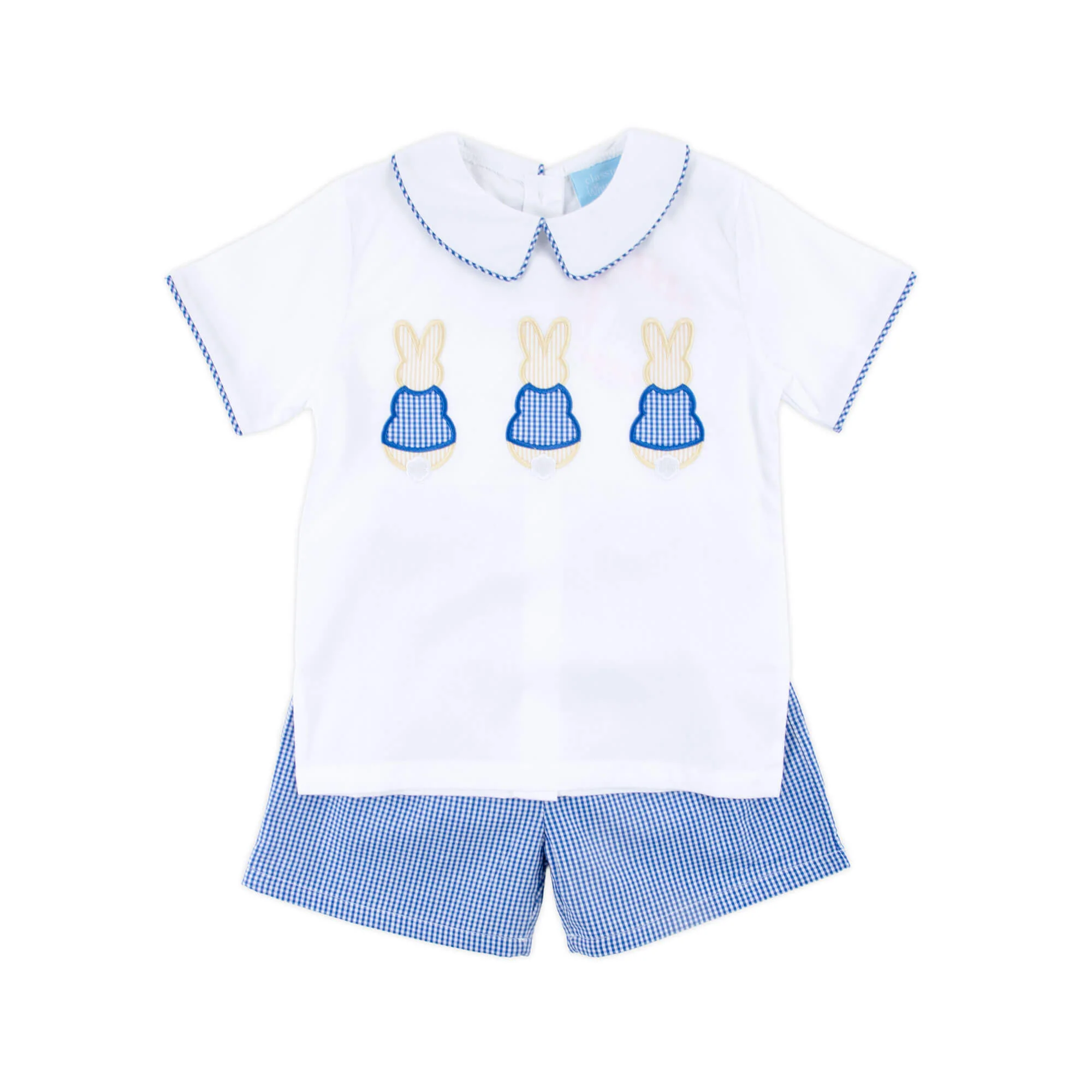 Storybook Bunny Trio Blue Gingham Collared Short Set - Image 2