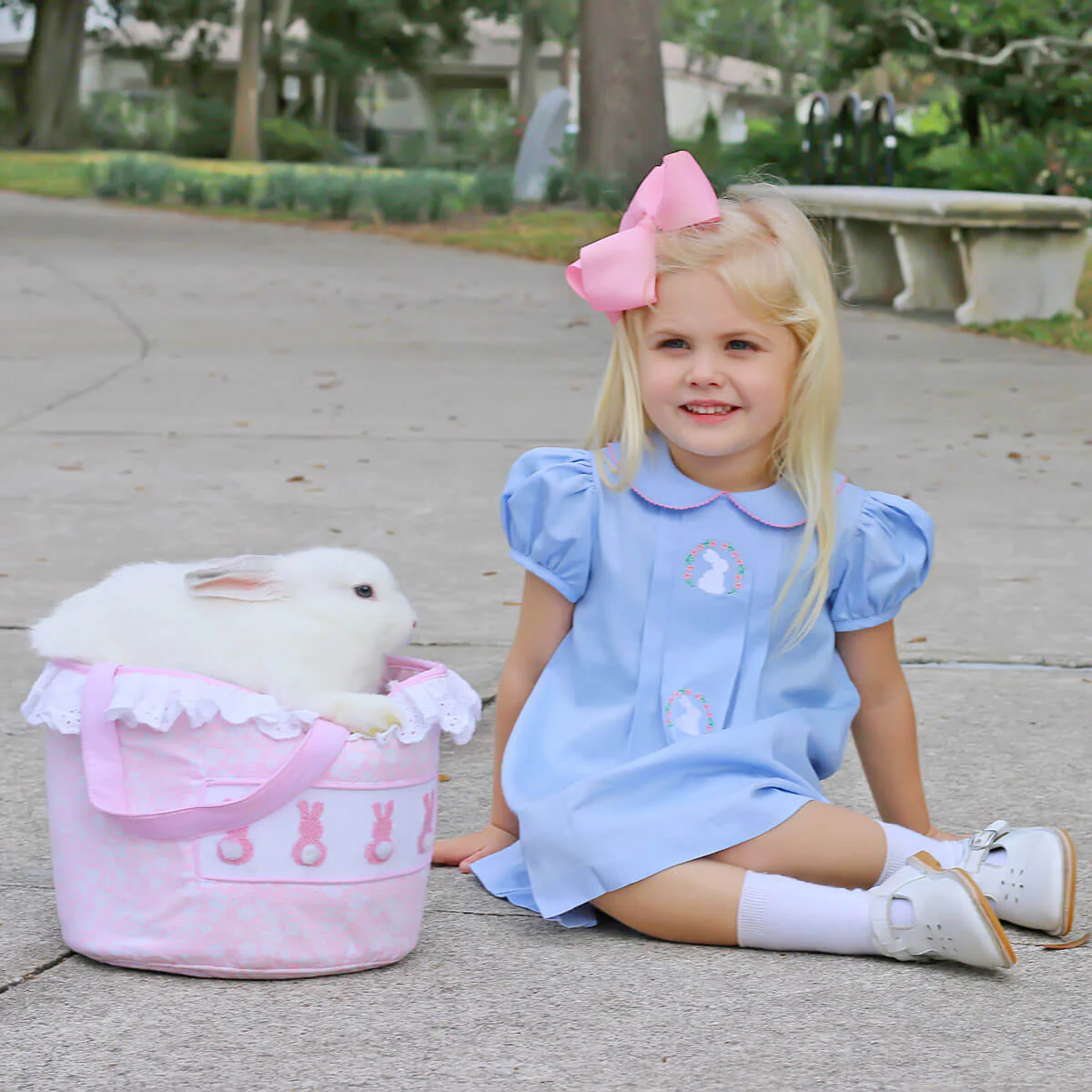 Bunny Wreath Pleated Dress Blue Pique - Image 3