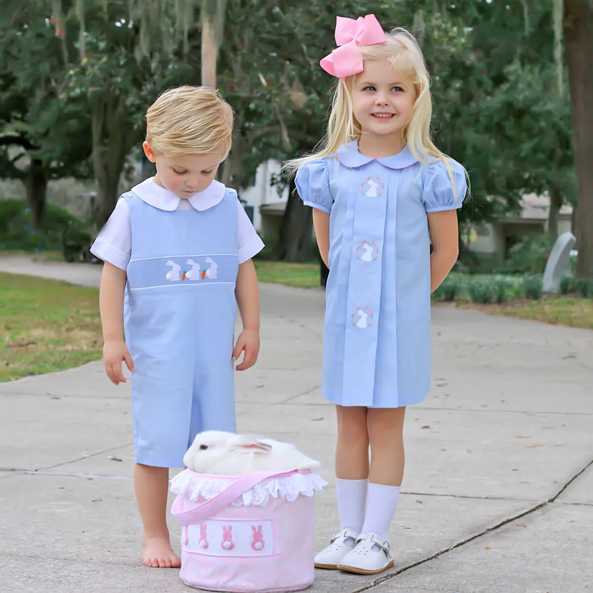 Bunny Wreath Pleated Dress Blue Pique - Image 5
