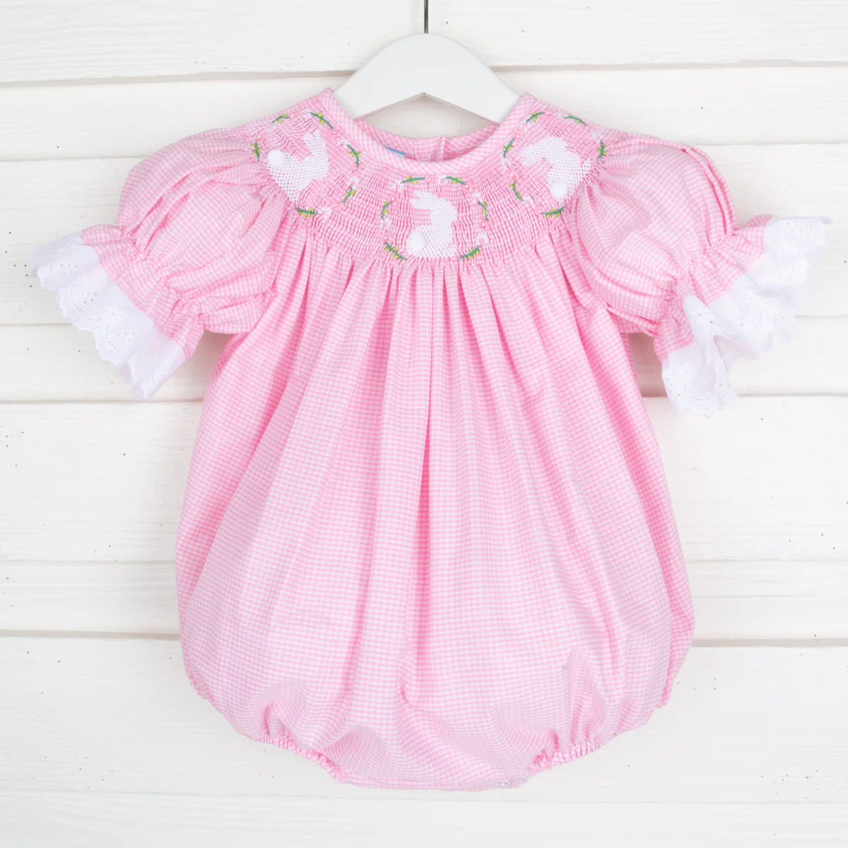 Bunny Wreath Smocked Bubble Pink Gingham - Image 2