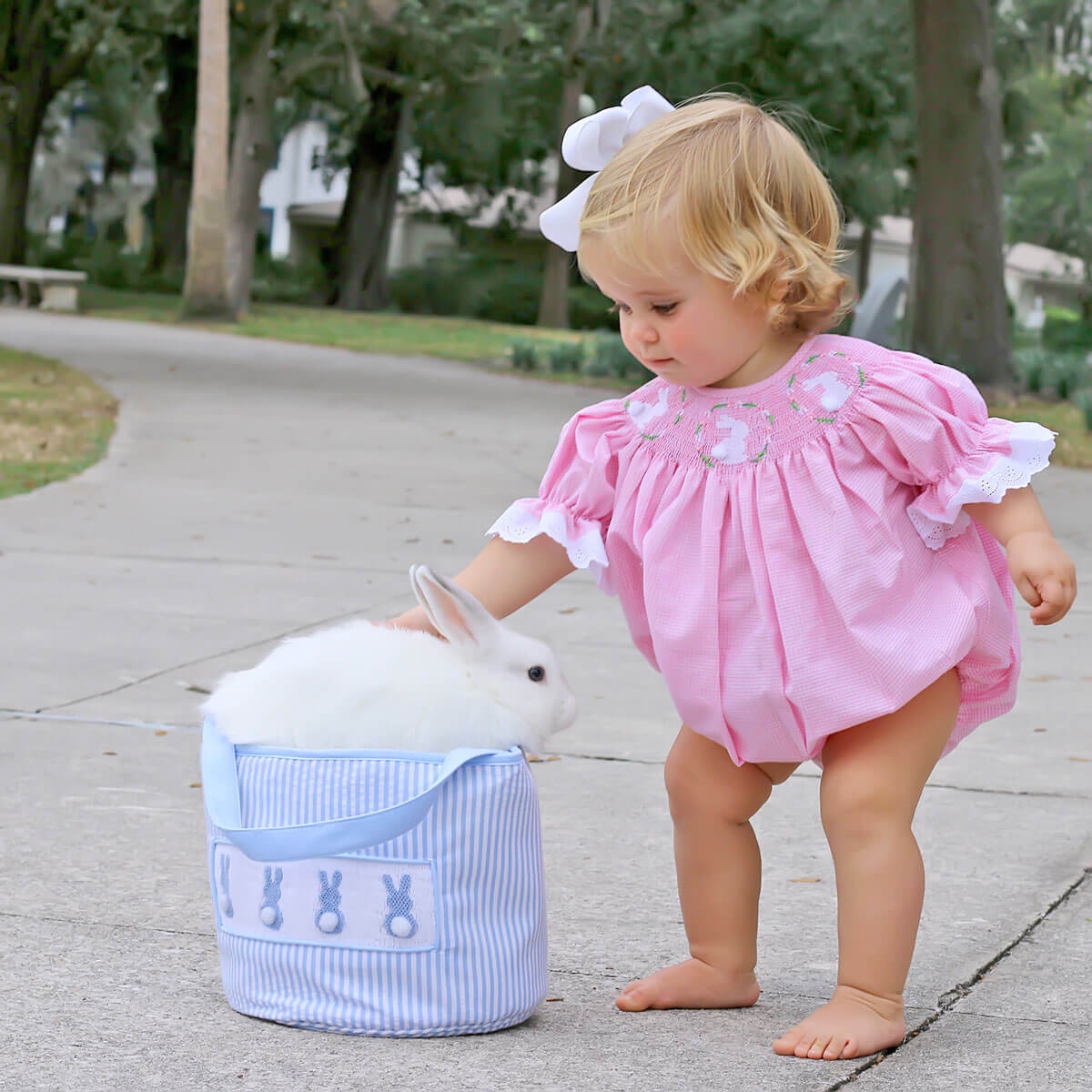 Bunny Wreath Smocked Bubble Pink Gingham - Image 4