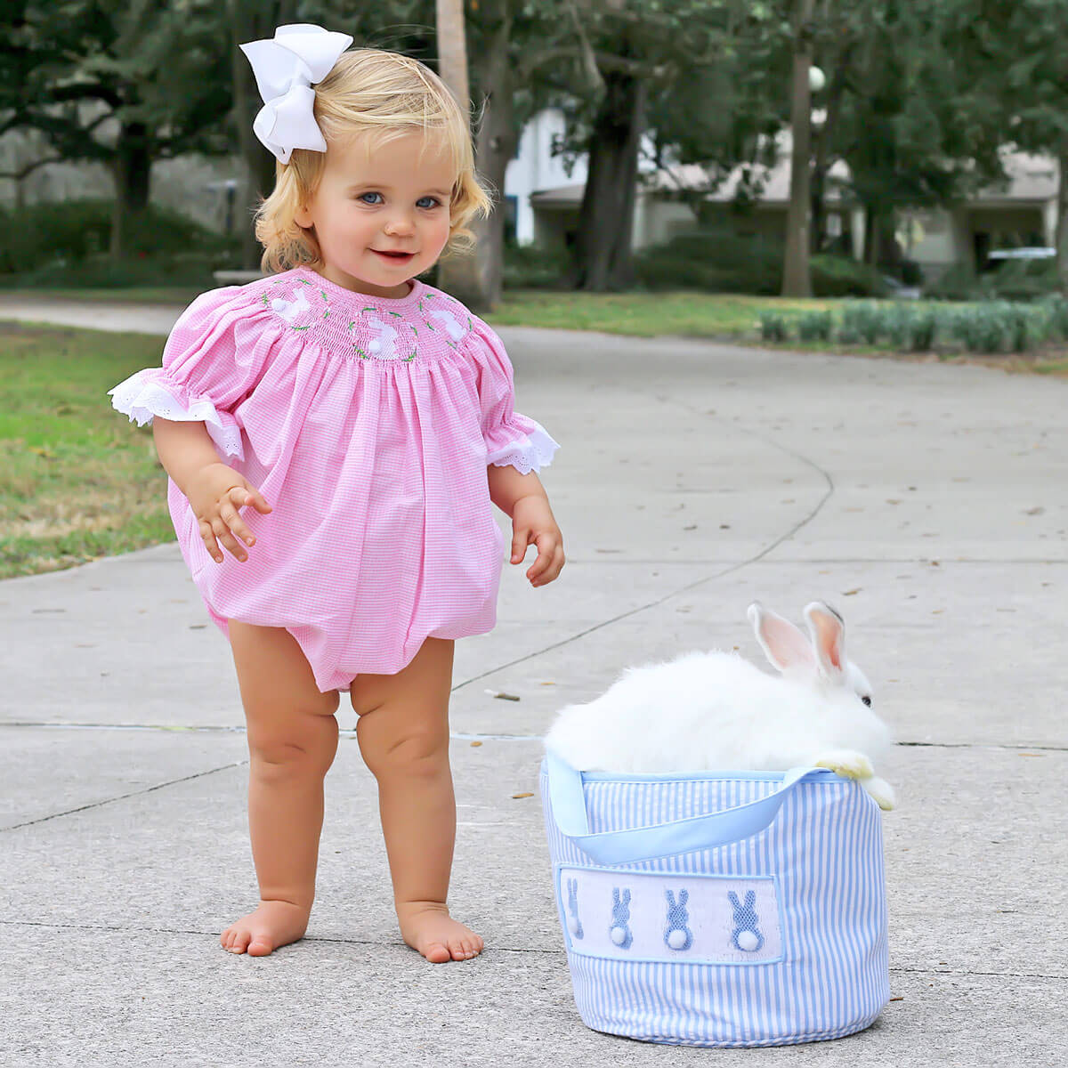 Bunny Wreath Smocked Bubble Pink Gingham - Image 5