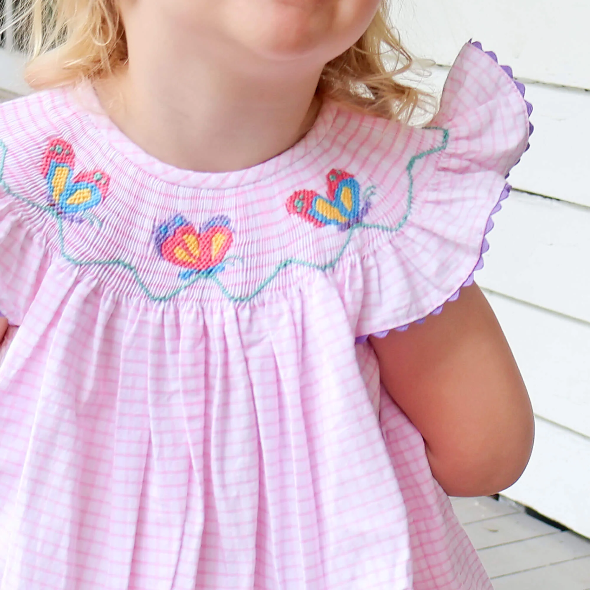 Butterfly Smocked Pink Windowpane Bubble - Image 3