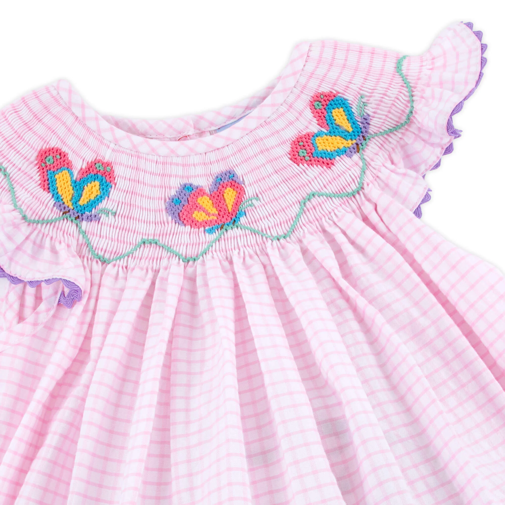 Butterfly Smocked Pink Windowpane Bubble - Image 4