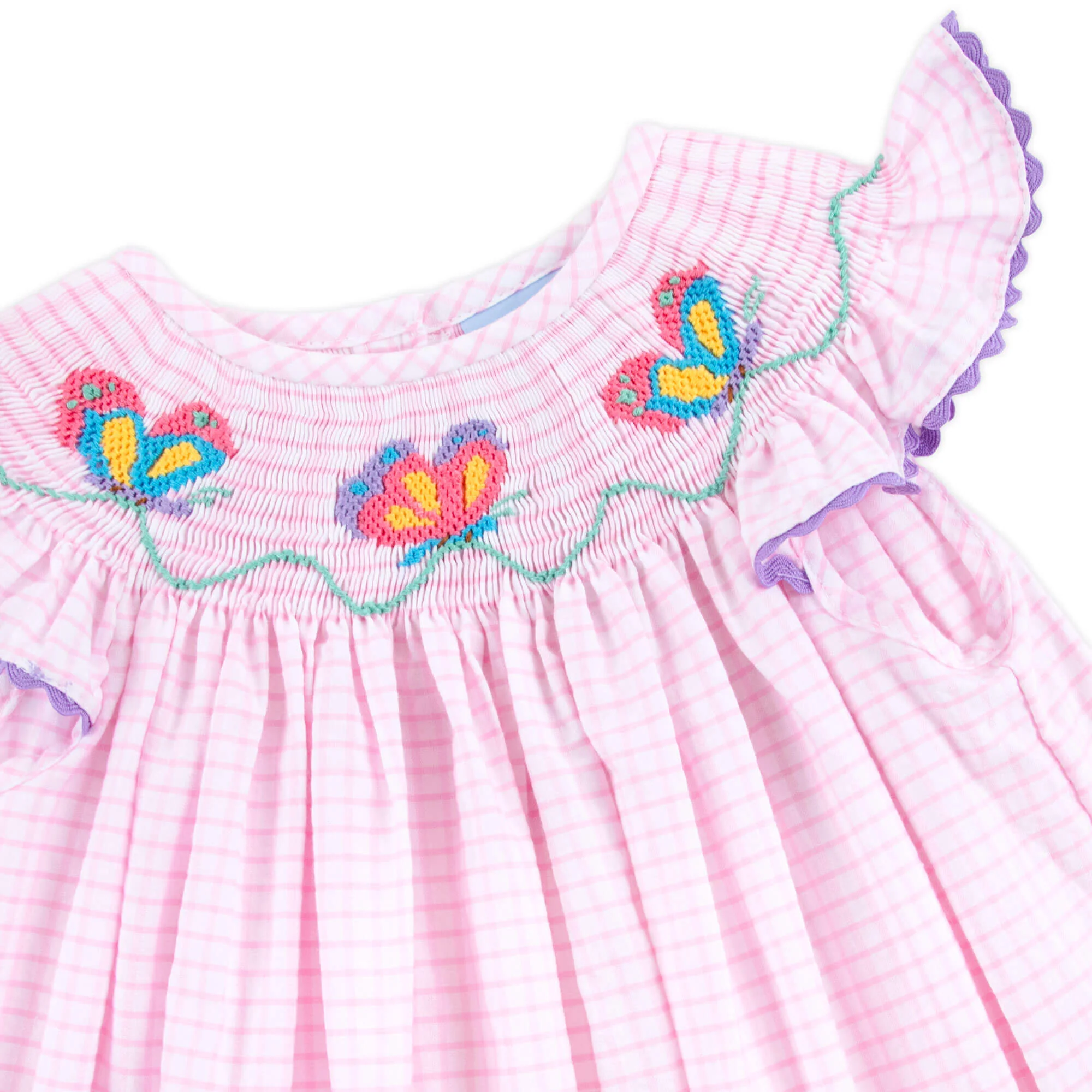 Butterfly Smocked Pink Windowpane Dress - Image 2