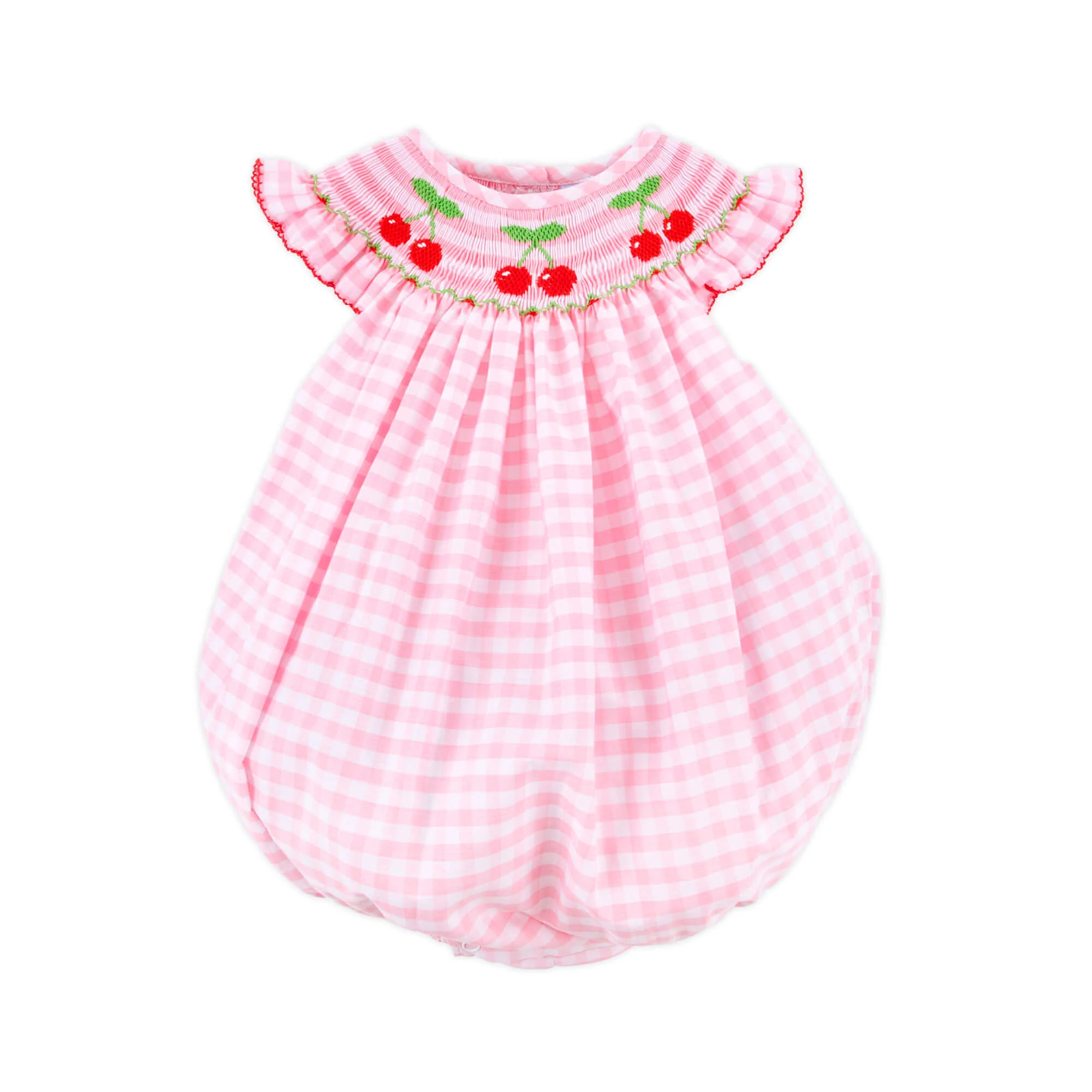 Cherry Smocked Pink Gingham Angel Sleeve Bubble - Image 2
