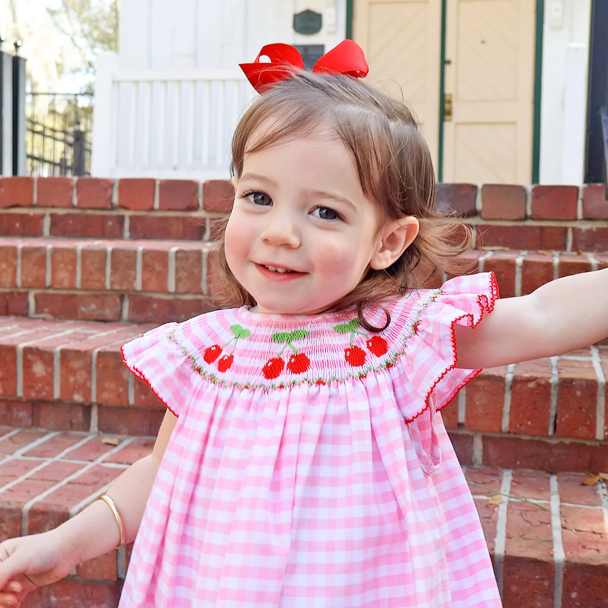 Cherry Smocked Pink Gingham Angel Sleeve Bubble - Image 3