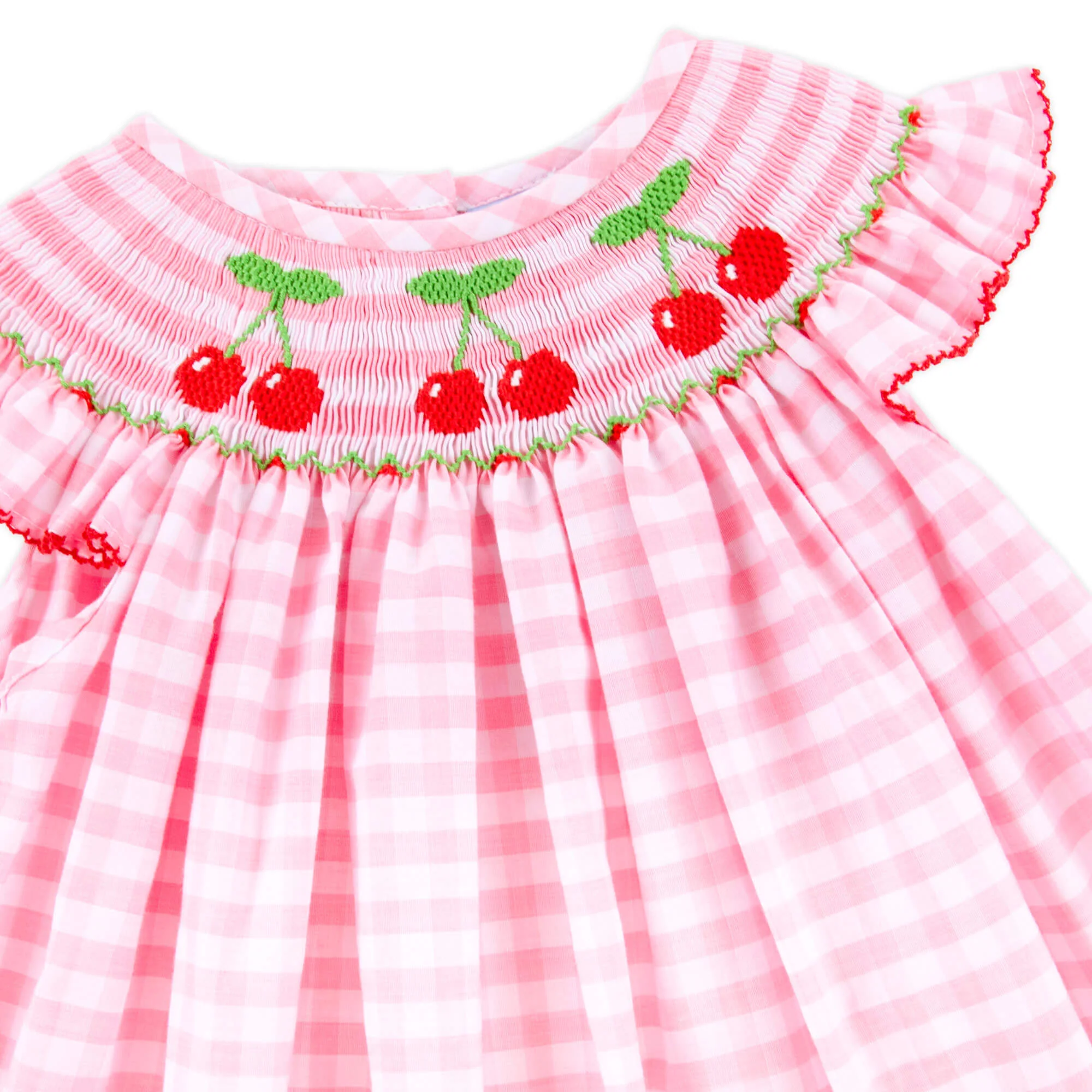 Cherry Smocked Pink Gingham Angel Sleeve Bubble - Image 4