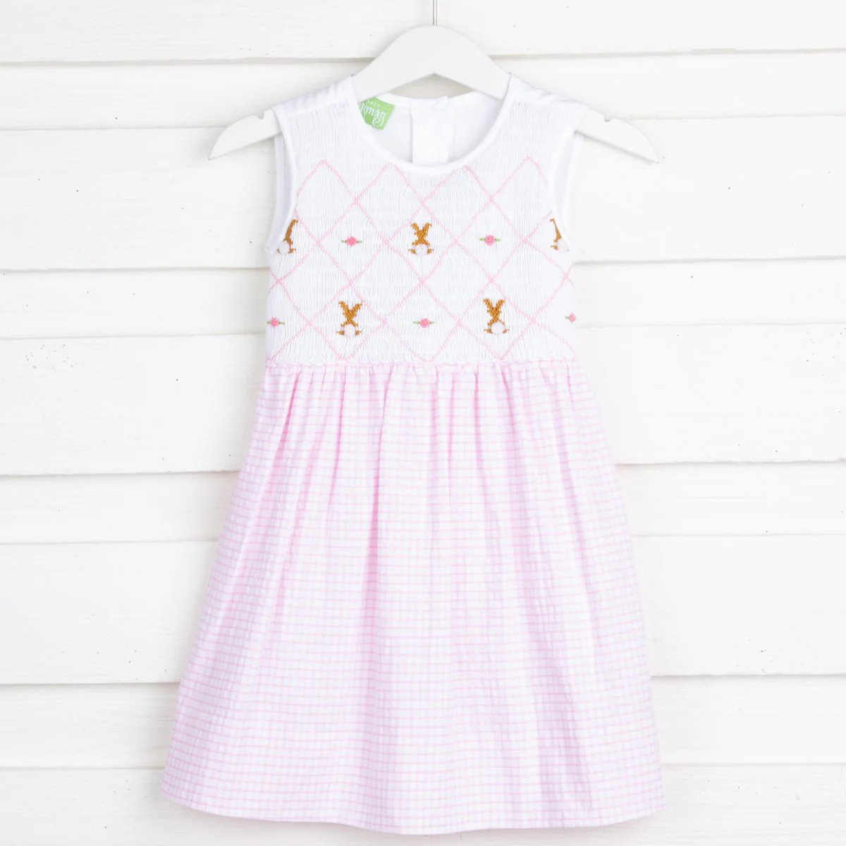Chocolate Bunny Chest Smocked Dress Pink Gingham Seersucker - Image 2