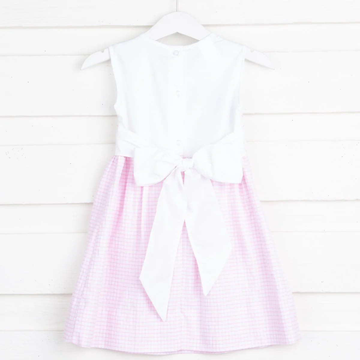 Chocolate Bunny Chest Smocked Dress Pink Gingham Seersucker - Image 3