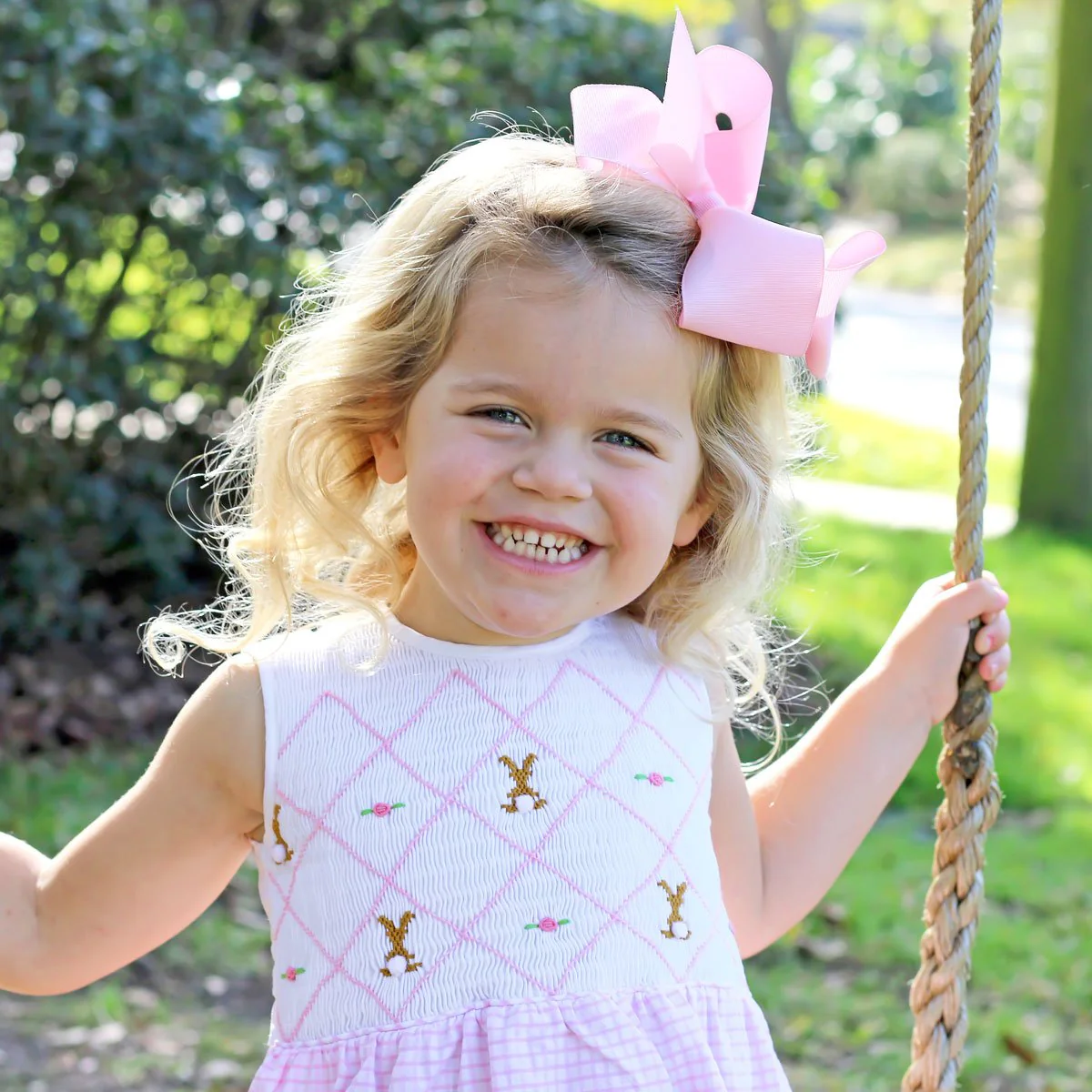 Chocolate Bunny Chest Smocked Dress Pink Gingham Seersucker - Image 4