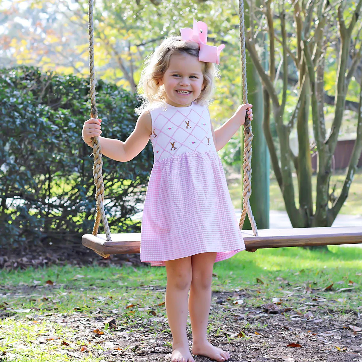 Chocolate Bunny Chest Smocked Dress Pink Gingham Seersucker - Image 5