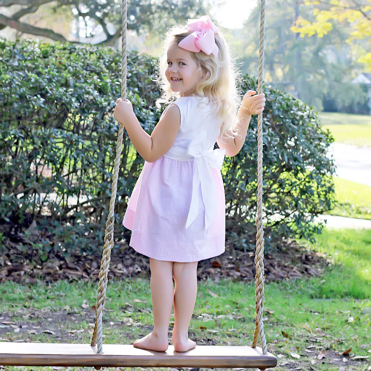 Chocolate Bunny Chest Smocked Dress Pink Gingham Seersucker - Image 6