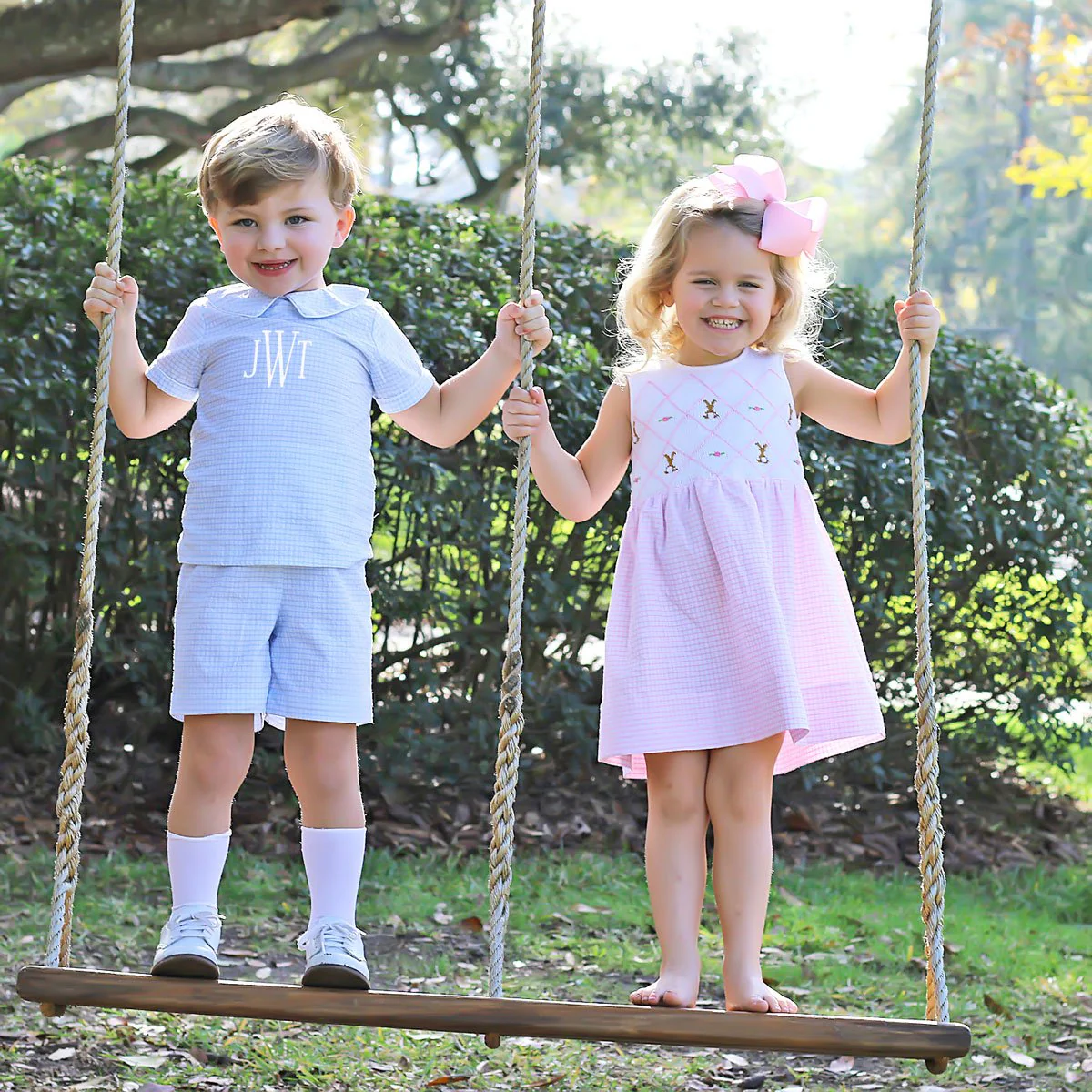 Chocolate Bunny Chest Smocked Dress Pink Gingham Seersucker - Image 7