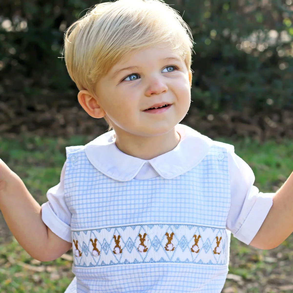 Chocolate Bunny Smocked Jon Jon Blue Gingham Seersucker - Image 3