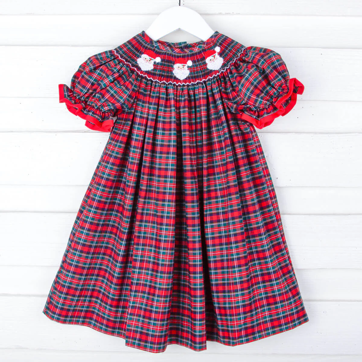 Christmas Eve Plaid Santa Smocked Bishop Dress - Image 2