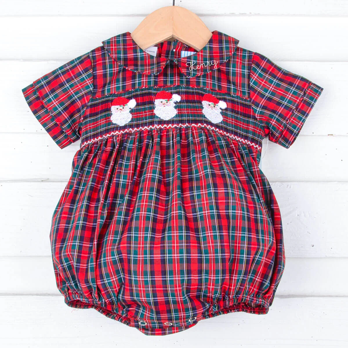 Christmas Eve Plaid Santa Smocked Collared Bubble - Image 2