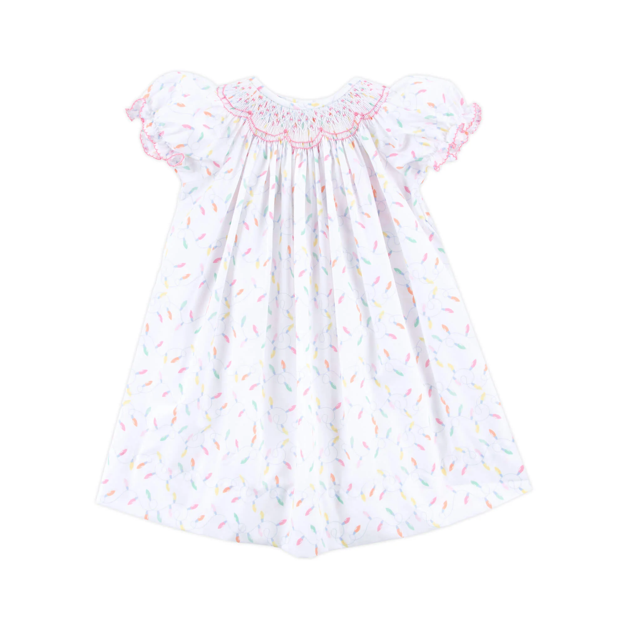 Christmas Lights White Print Smocked Bishop Dress