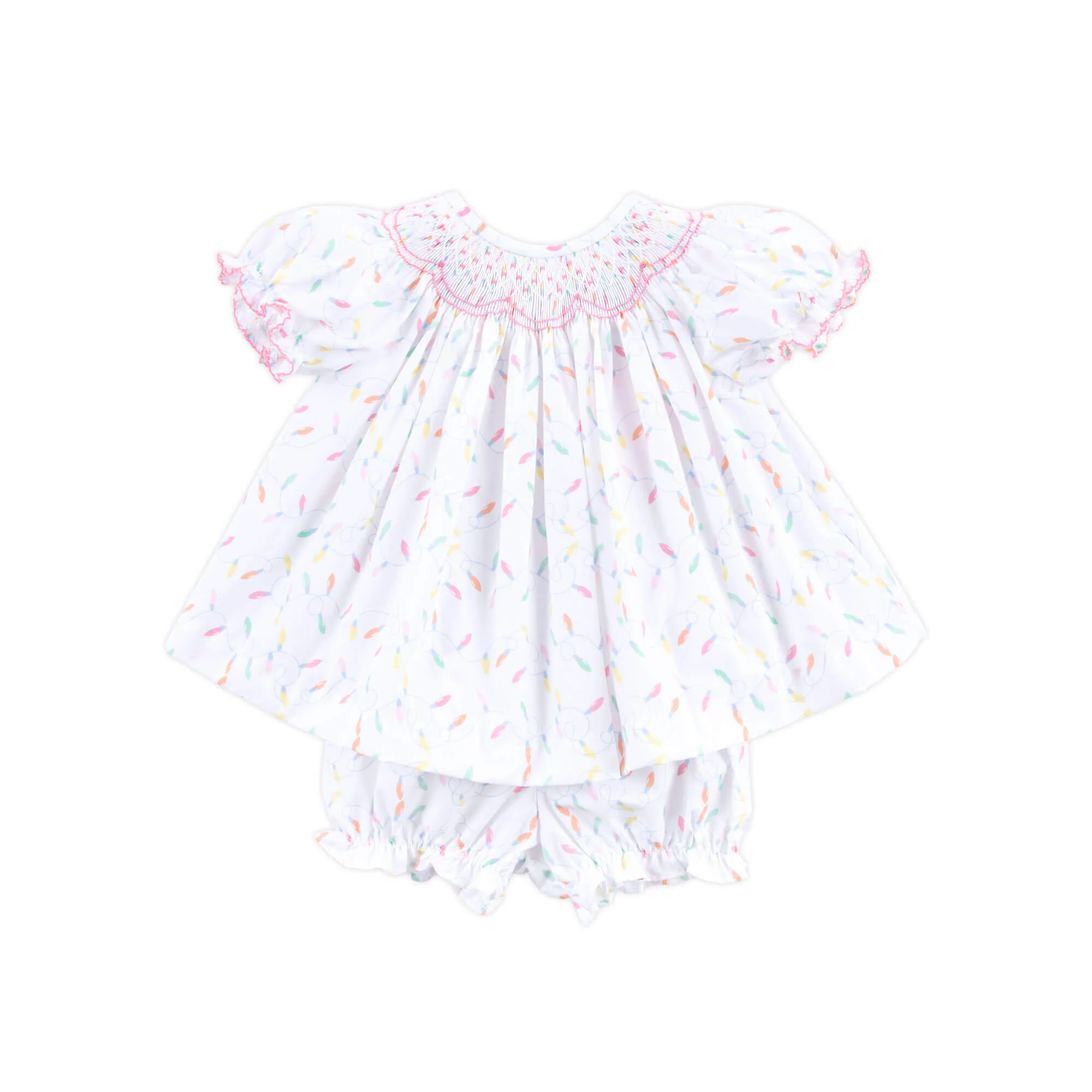 Christmas Lights White Print Smocked Bloomer Set - Image 2