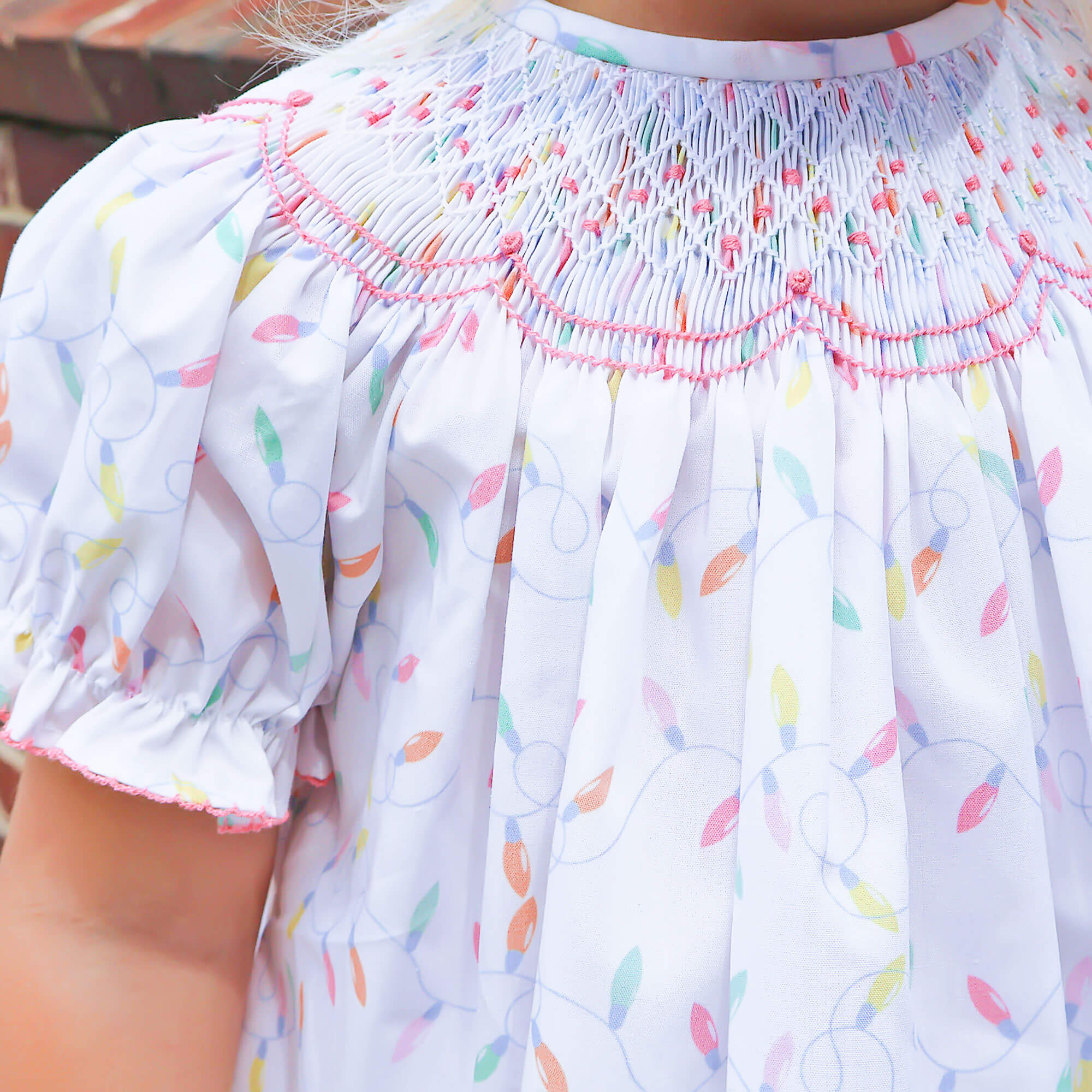 Christmas Lights White Print Smocked Bloomer Set - Image 3