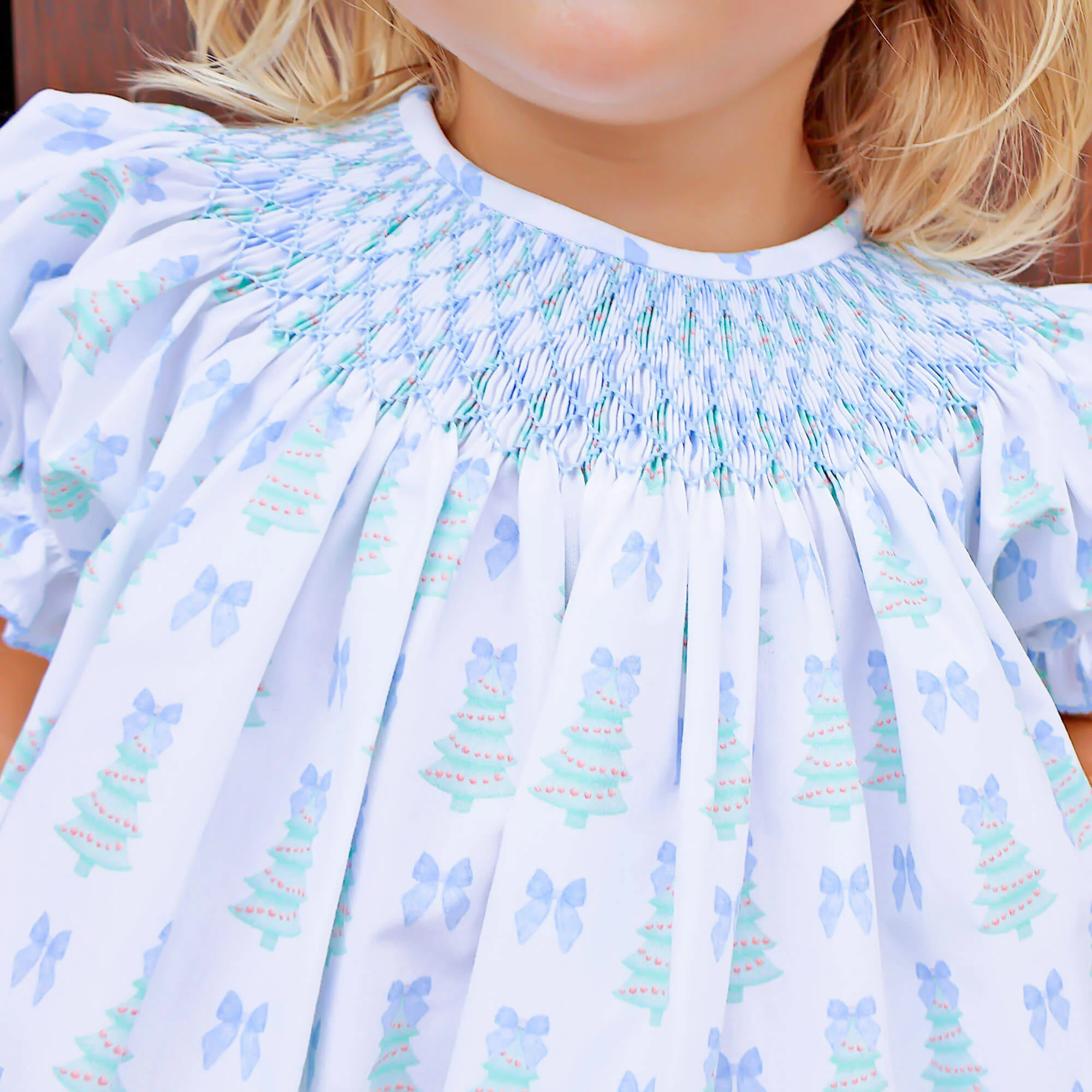 Christmas Tree Bow Blue Smocked Bubble - Image 3
