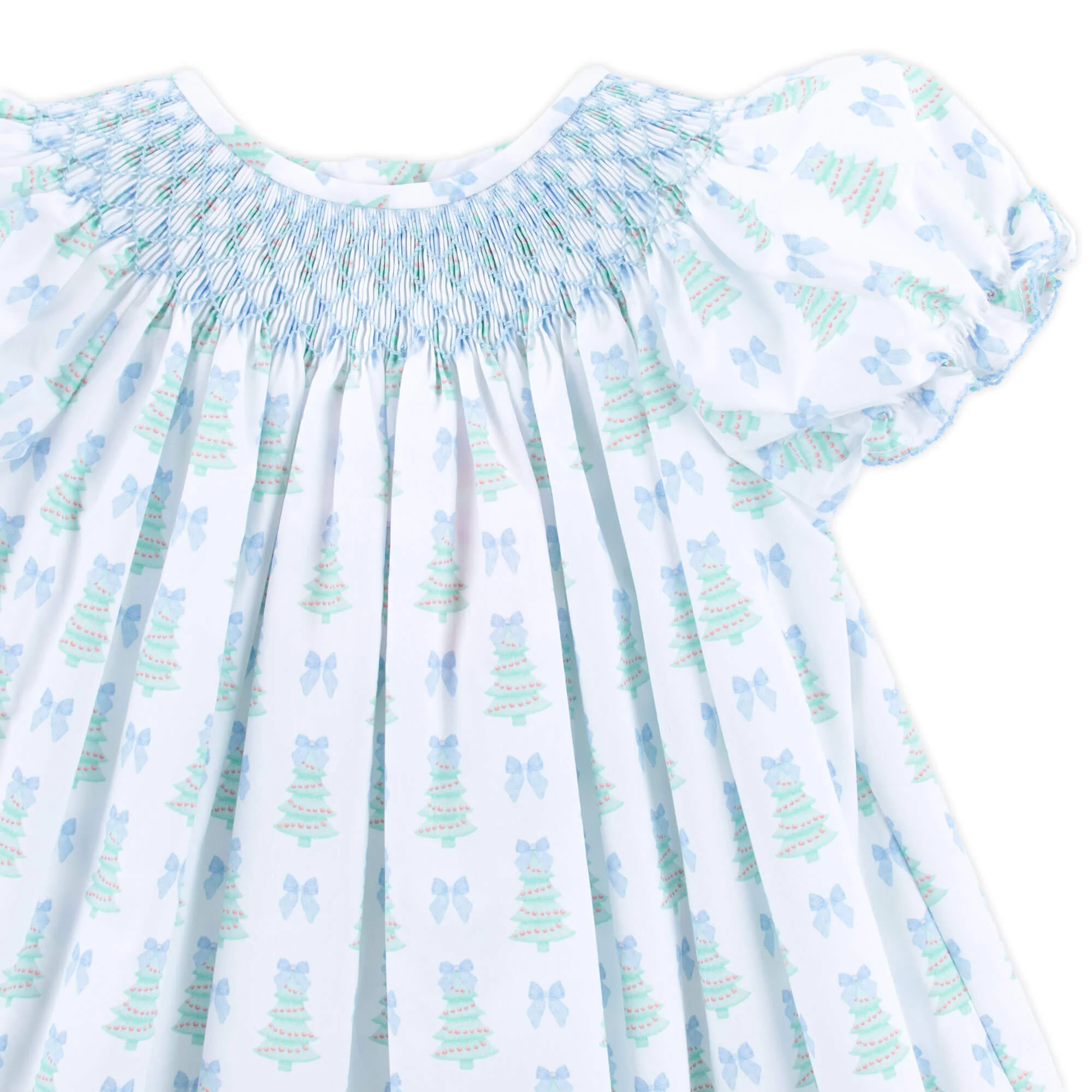 Christmas Tree Bow Blue Smocked Bishop Dress - Image 2