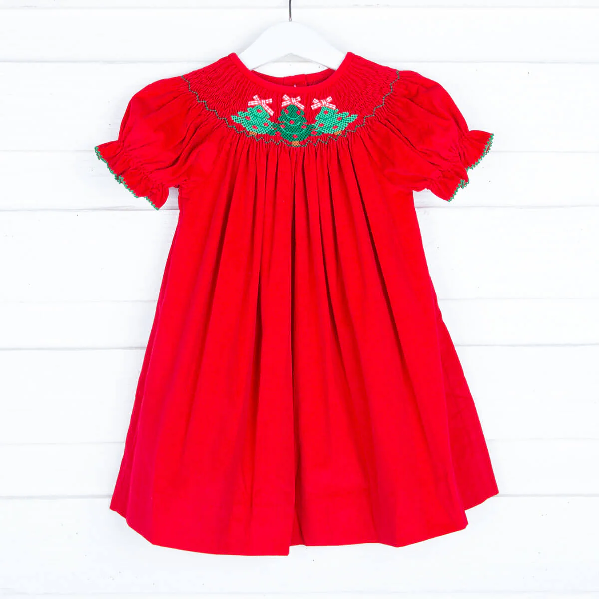 Christmas Tree Smocked Red Corduroy Dress - Image 2