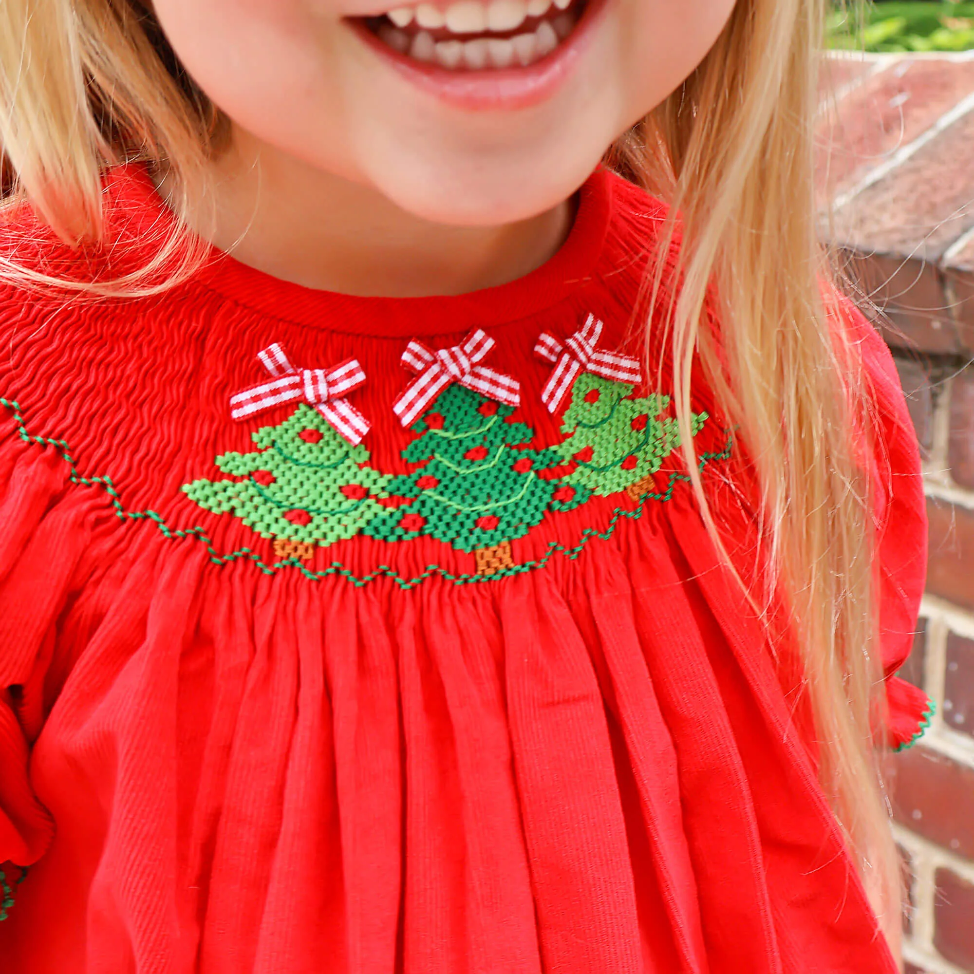 Christmas Tree Smocked Red Corduroy Dress - Image 3