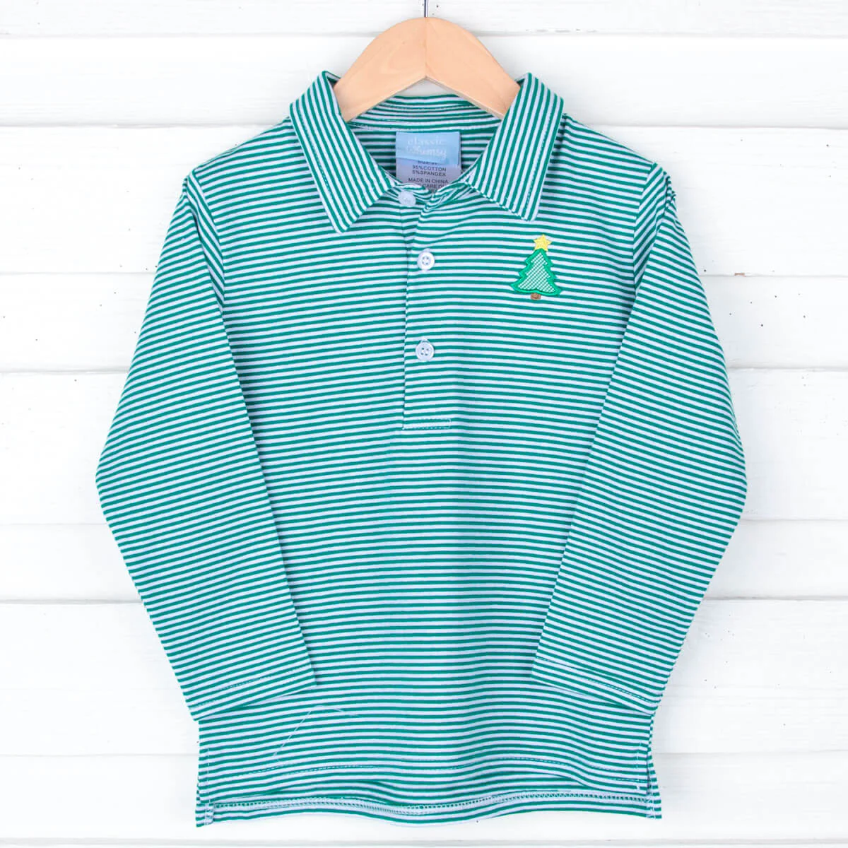 Christmas Tree Green Stripe Long Sleeve Polo - Image 2