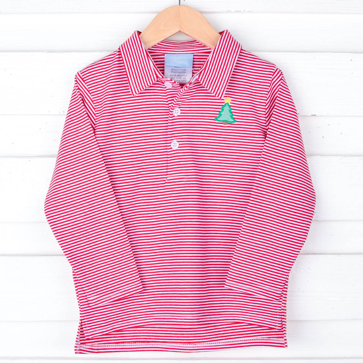 Christmas Tree Red Stripe Long Sleeve Polo - Image 2