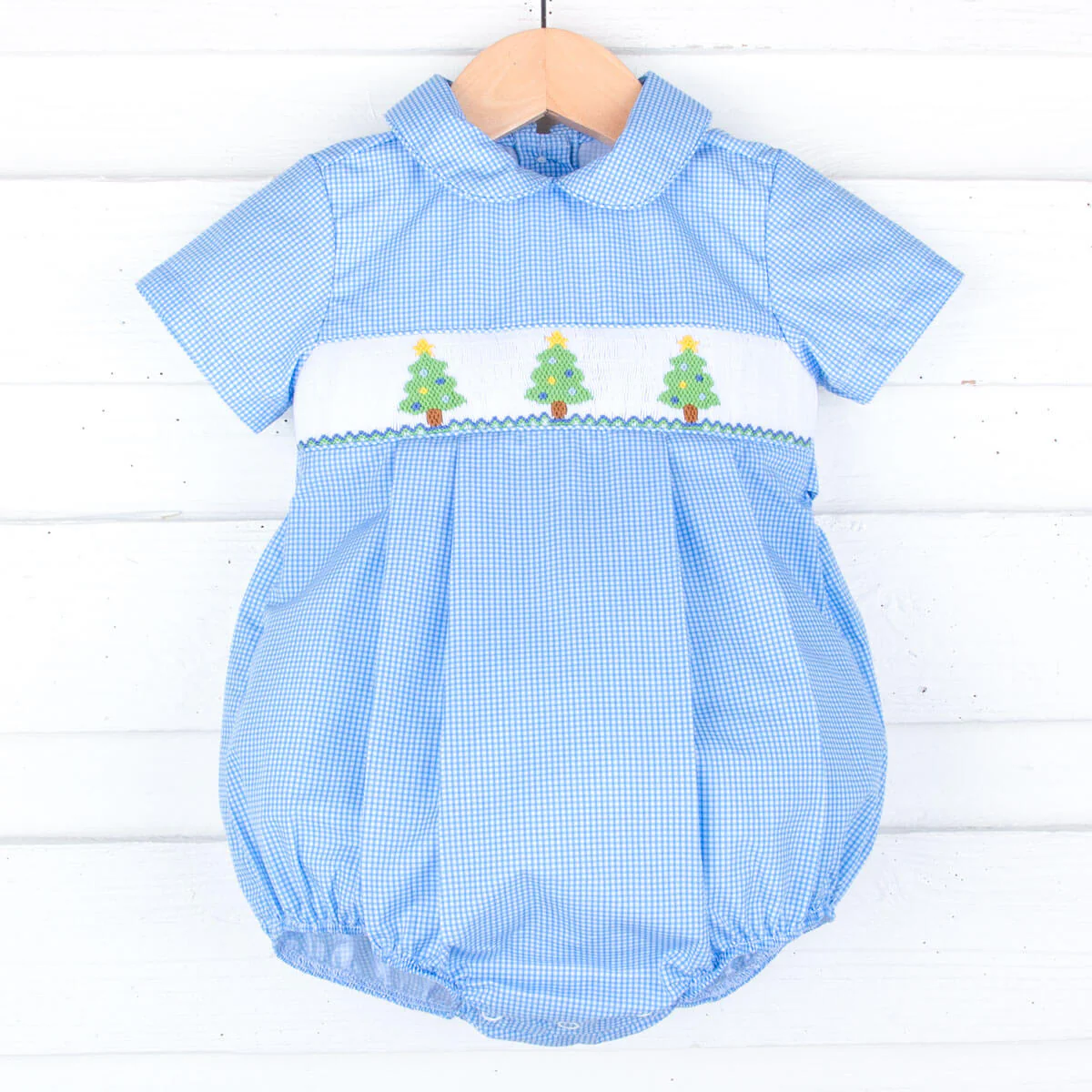 Christmas Tree Smocked Blue Gingham Collared Bubble - Image 2