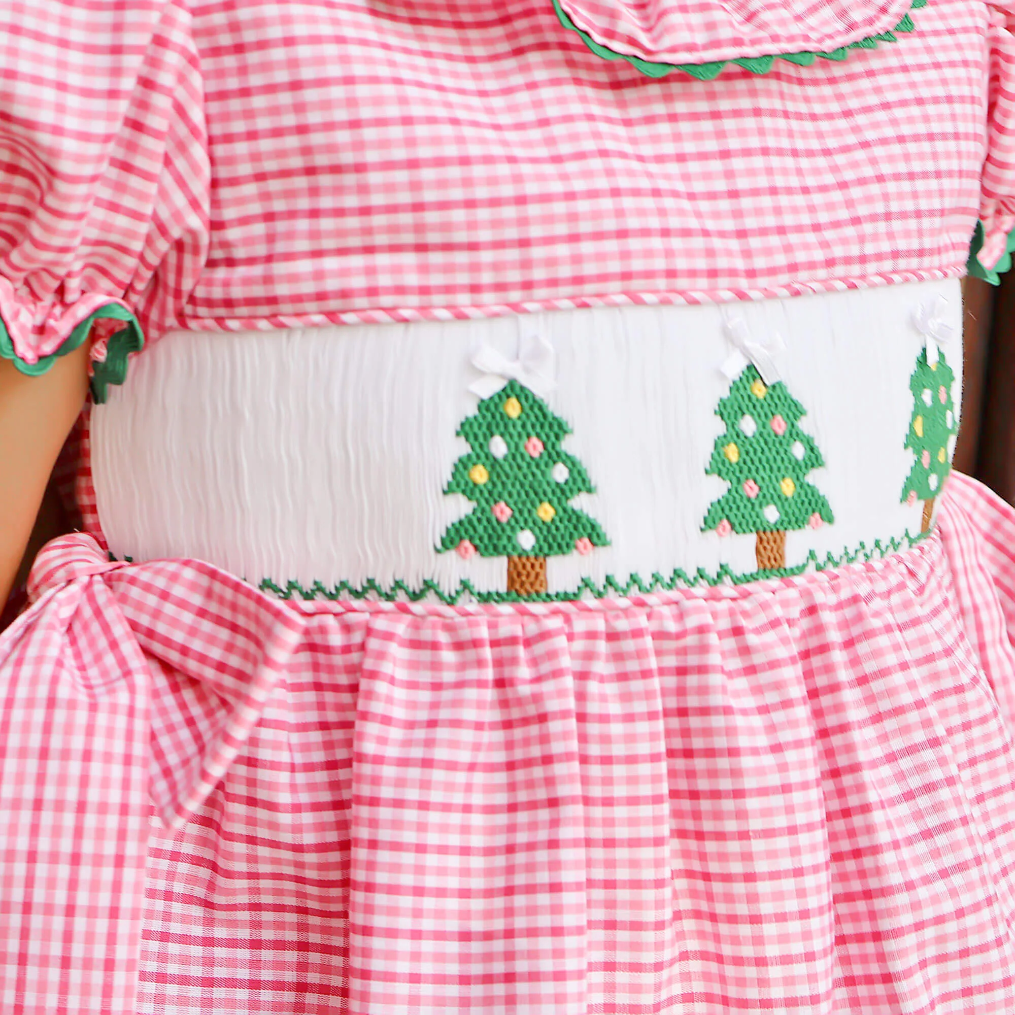 Christmas Tree Smocked Hot Pink Gingham Beverly Dress - Image 3