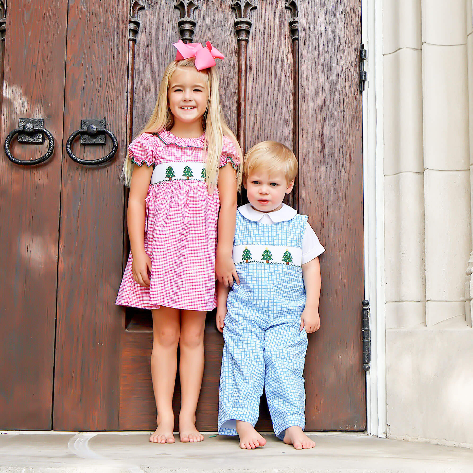 Christmas Tree Smocked Hot Pink Gingham Beverly Dress - Image 4