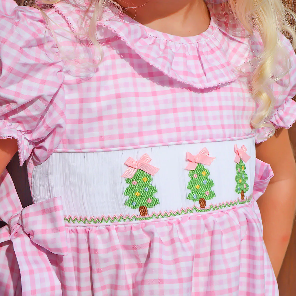 Christmas Tree Smocked Pink Gingham Beverly Dress - Image 3