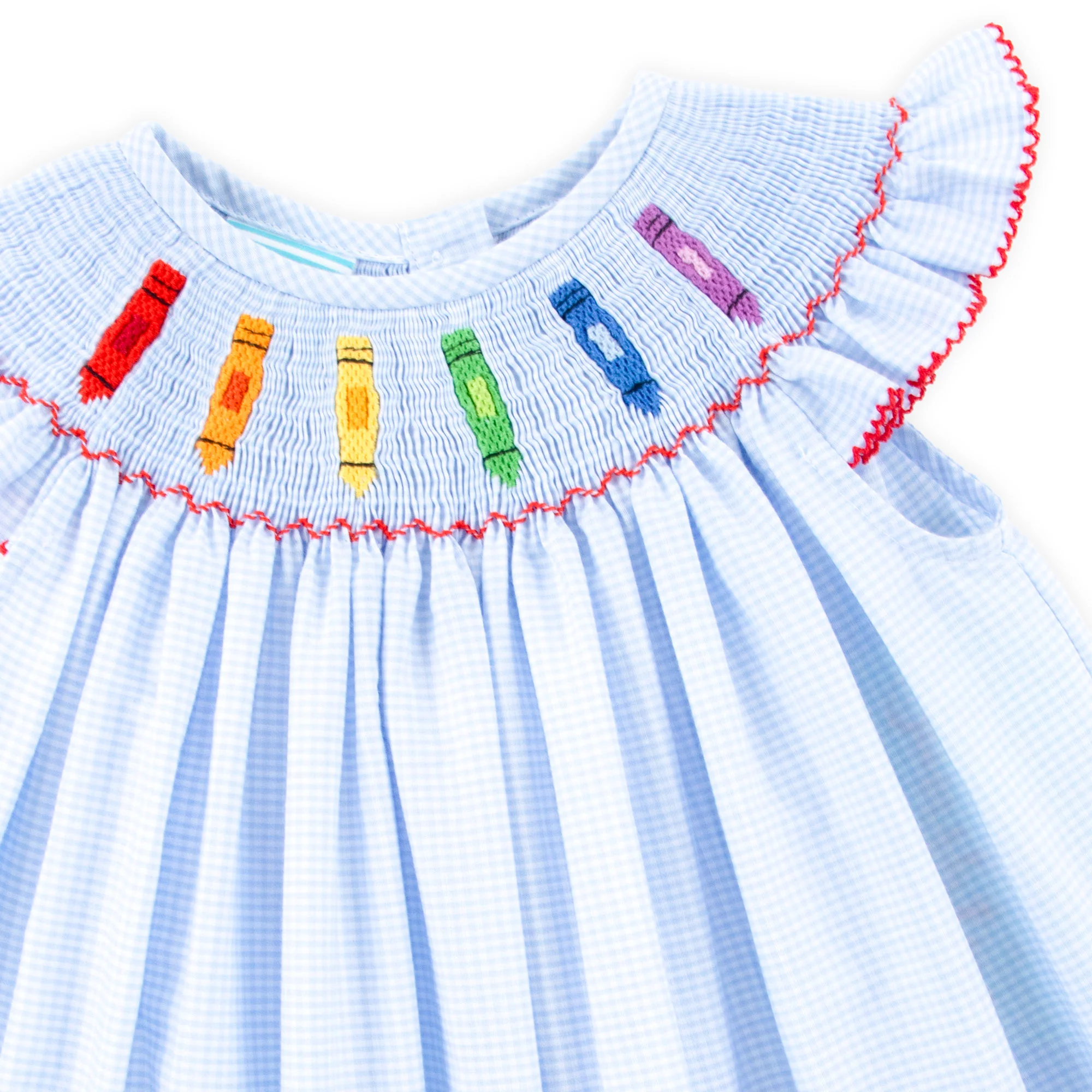 Colorful Crayon Smocked Blue Gingham Angel Sleeve Bubble - Image 2
