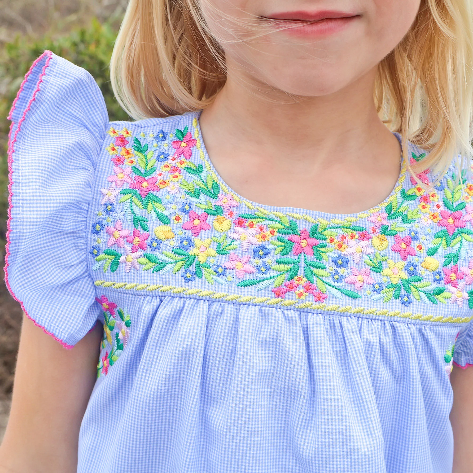 Colorful Embroidered Blue Gingham Beach Dress - Image 3