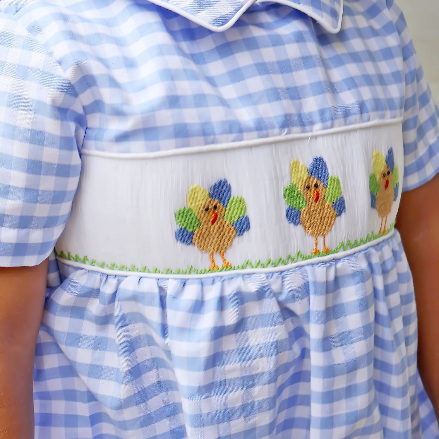 Colorful Turkey Smocked Blue Gingham Collared Bubble - Image 2