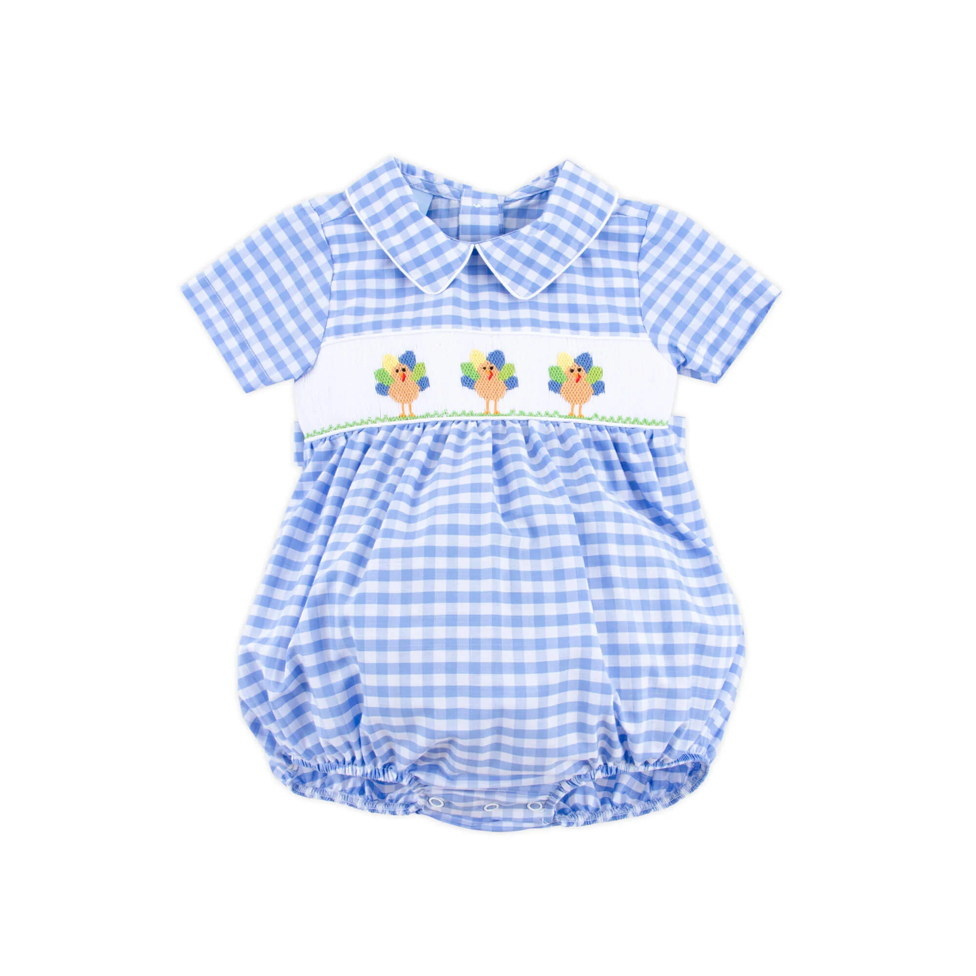 Colorful Turkey Smocked Blue Gingham Collared Bubble - Image 3