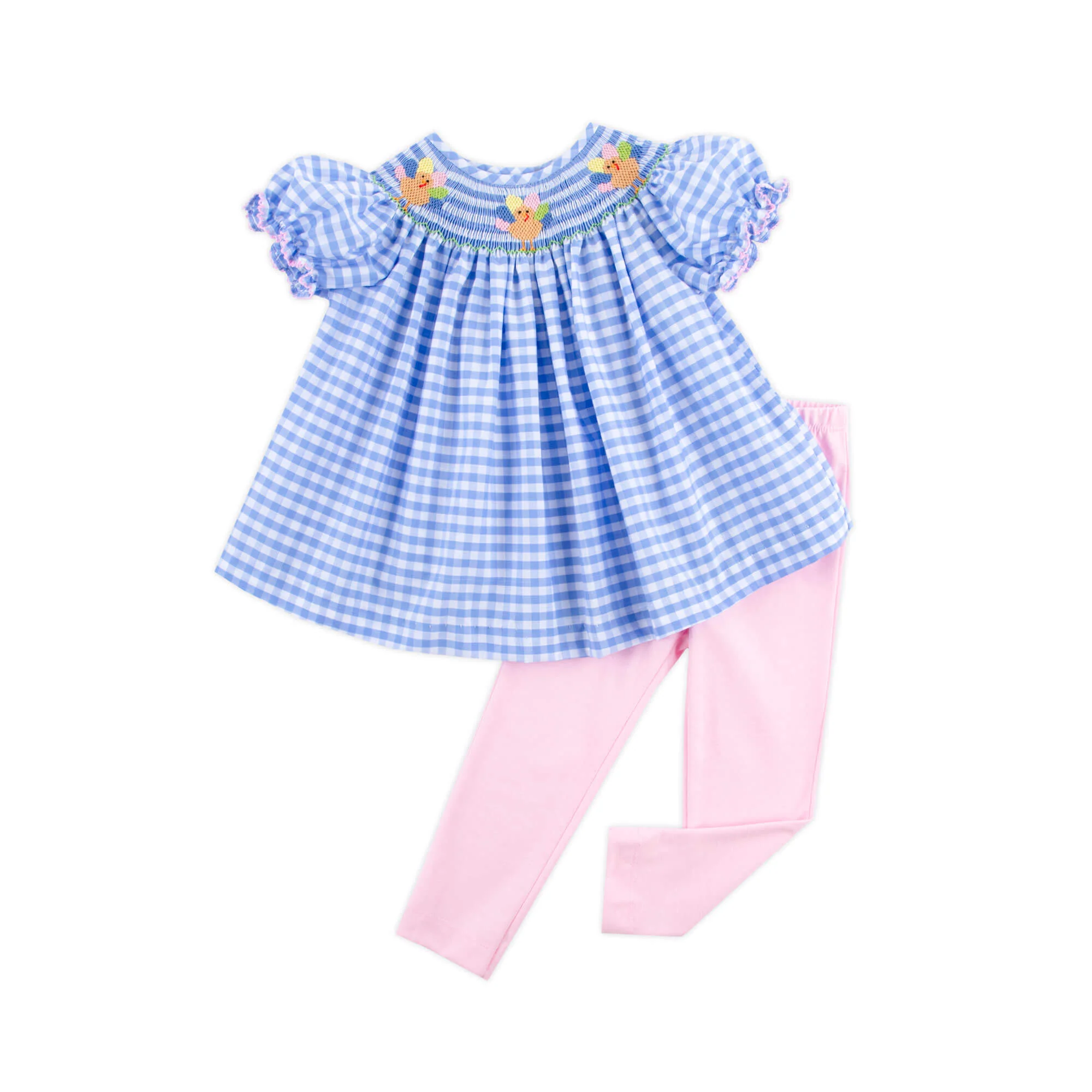 Colorful Turkey Smocked Blue Gingham Legging Set - Image 2