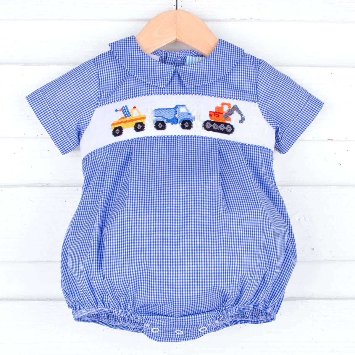 Construction Trucks Smocked Royal Blue Gingham Collared Bubble - Image 2