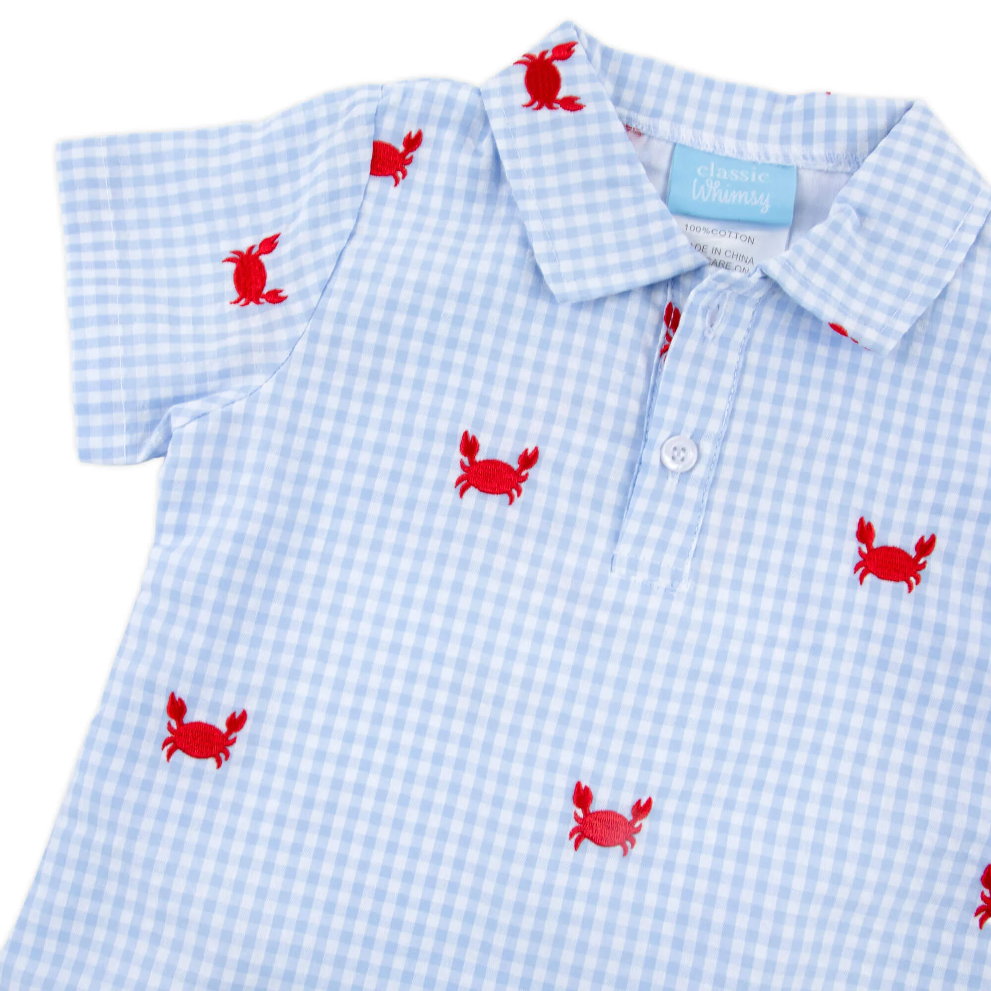 Crab Schiffli Blue Gingham Polo Romper - Image 2