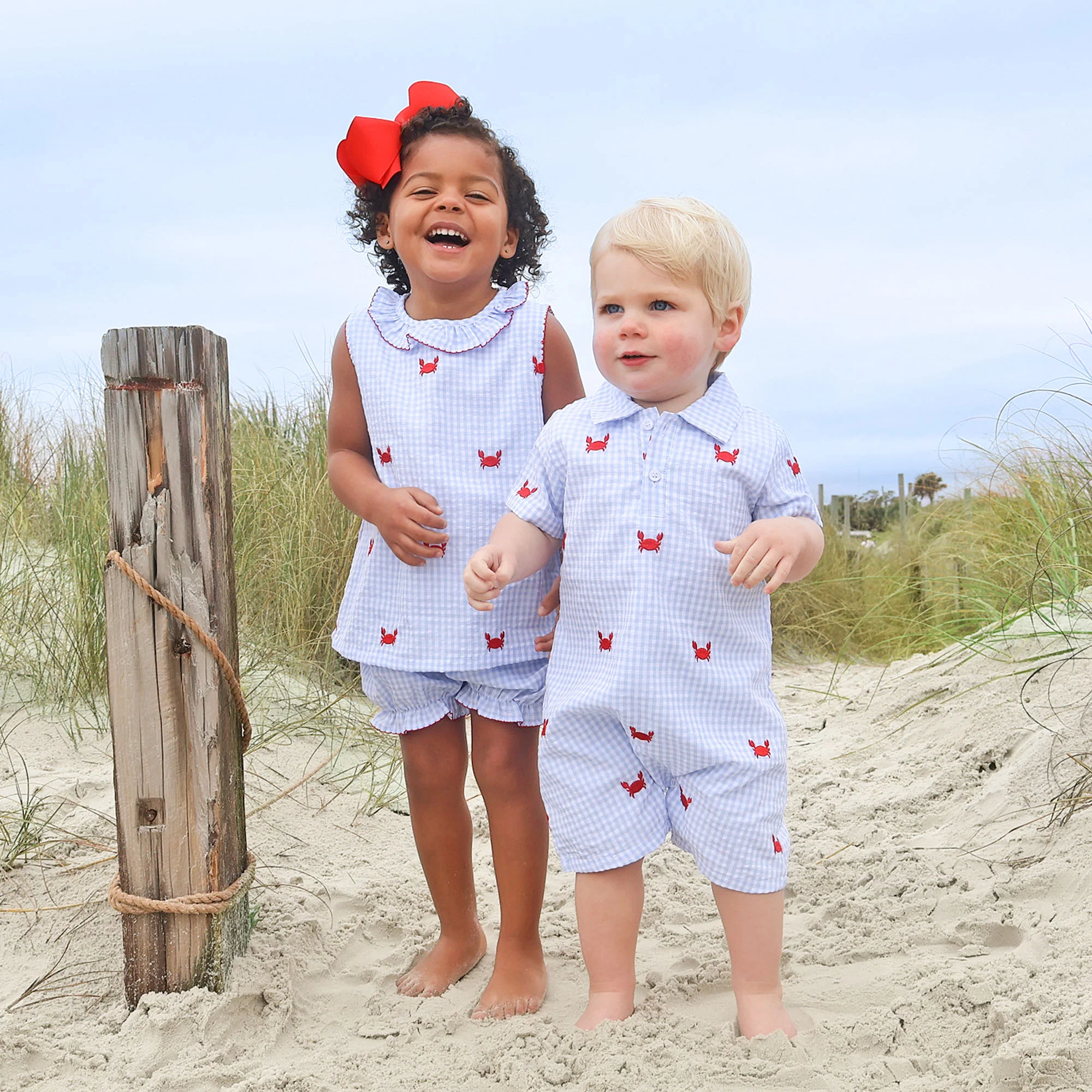Crab Schiffli Blue Gingham Polo Romper - Image 3