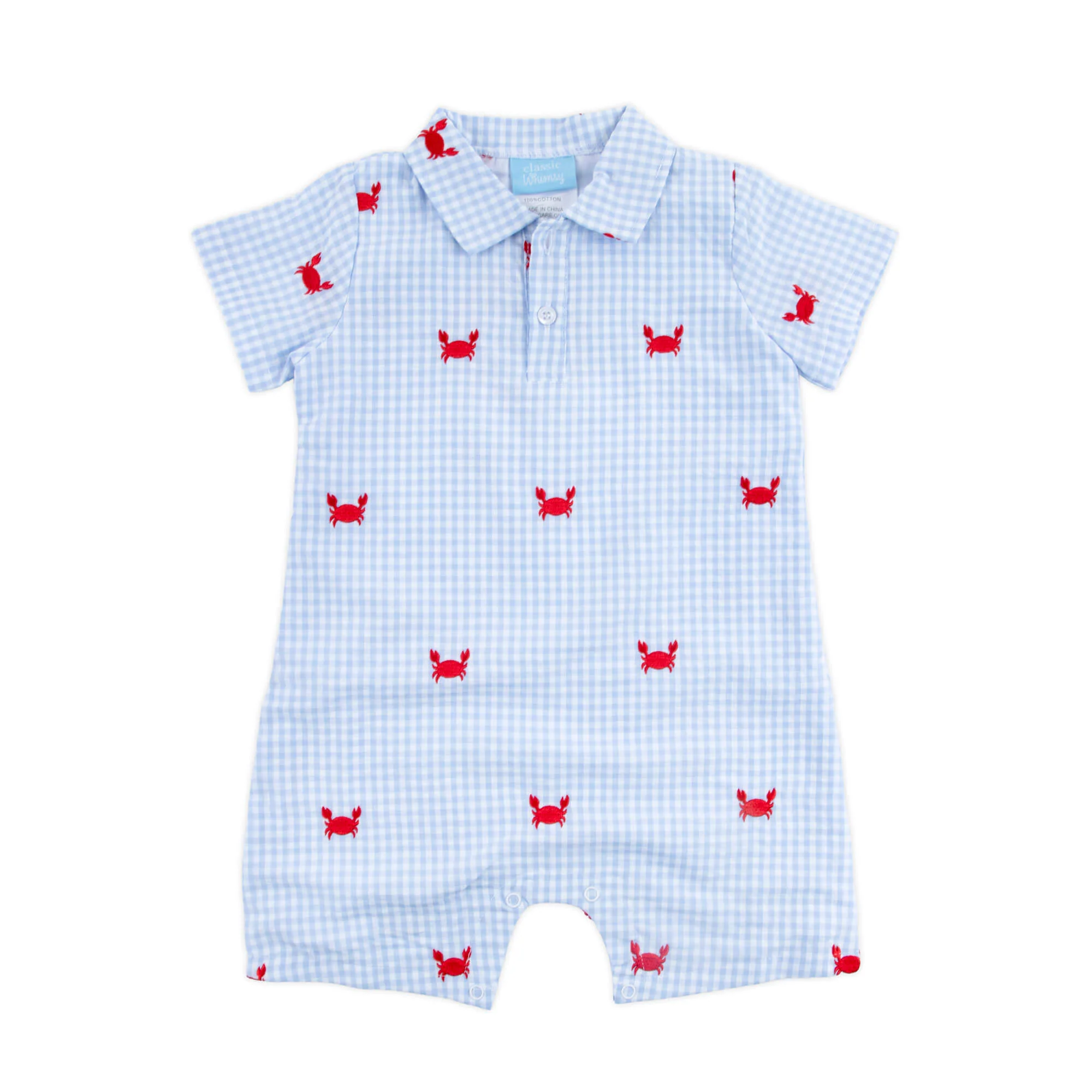 Crab Schiffli Blue Gingham Polo Romper - Image 4