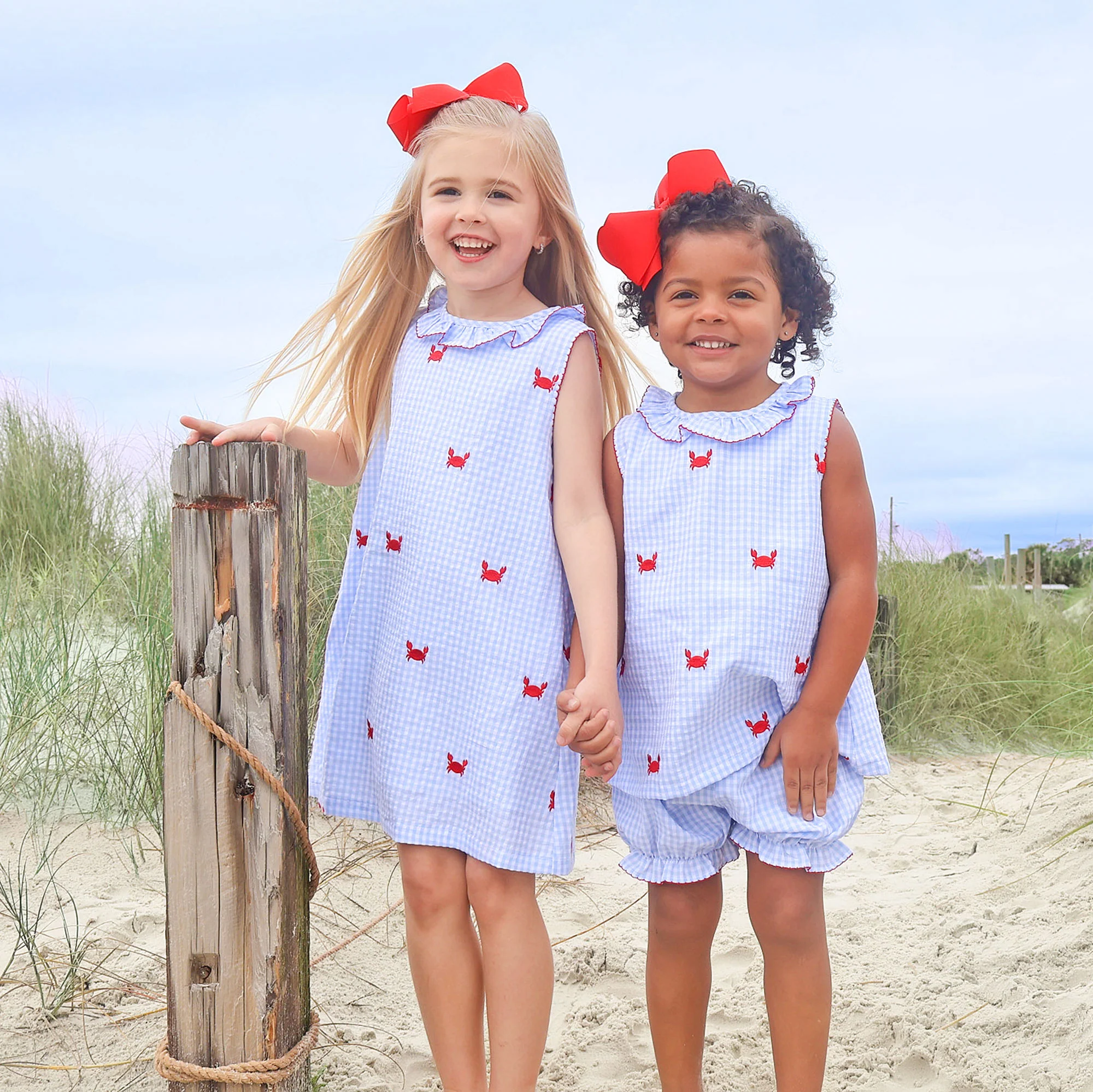 Crab Schiffli Blue Gingham Ruffle Collared Bloomer Set - Image 3