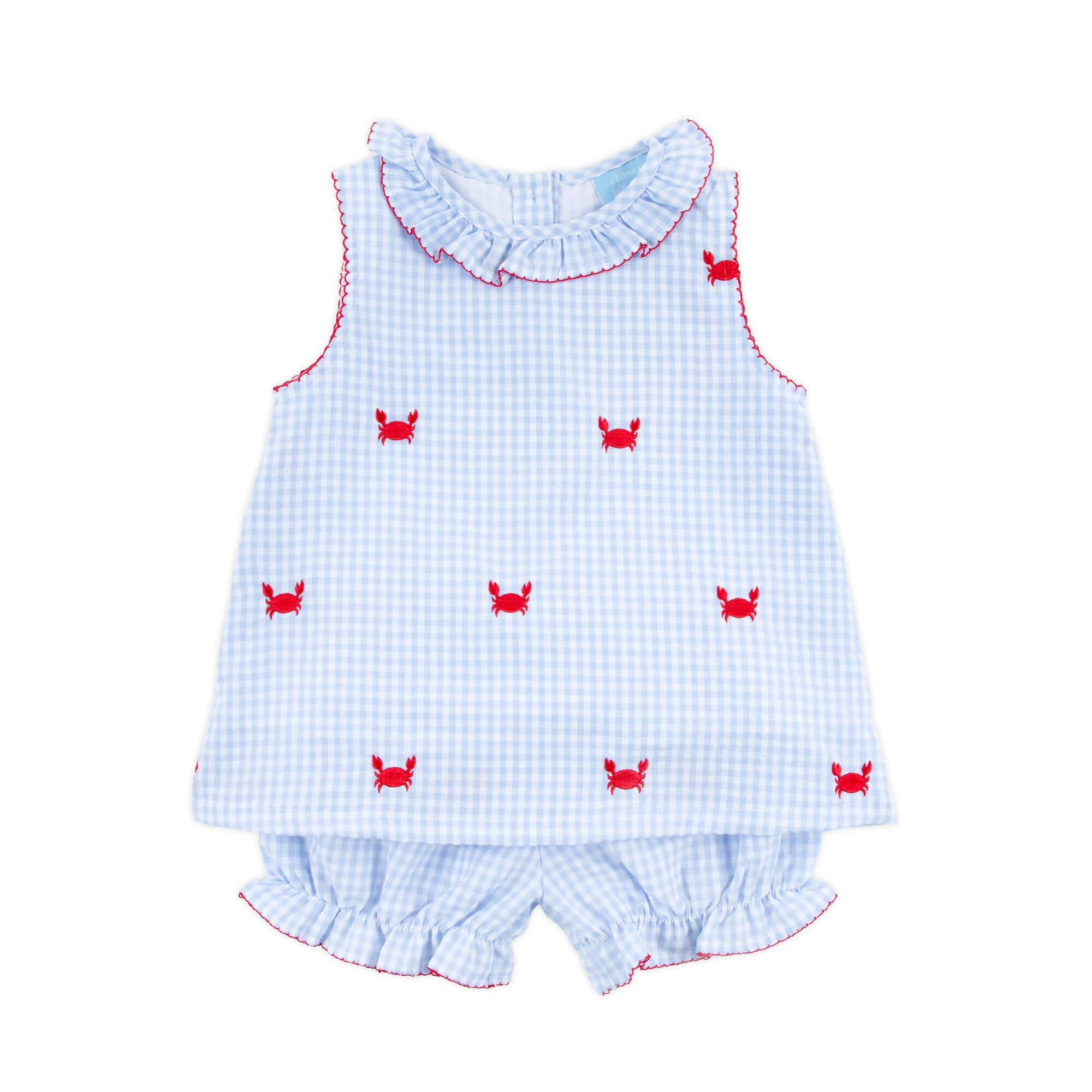 Crab Schiffli Blue Gingham Ruffle Collared Bloomer Set - Image 4