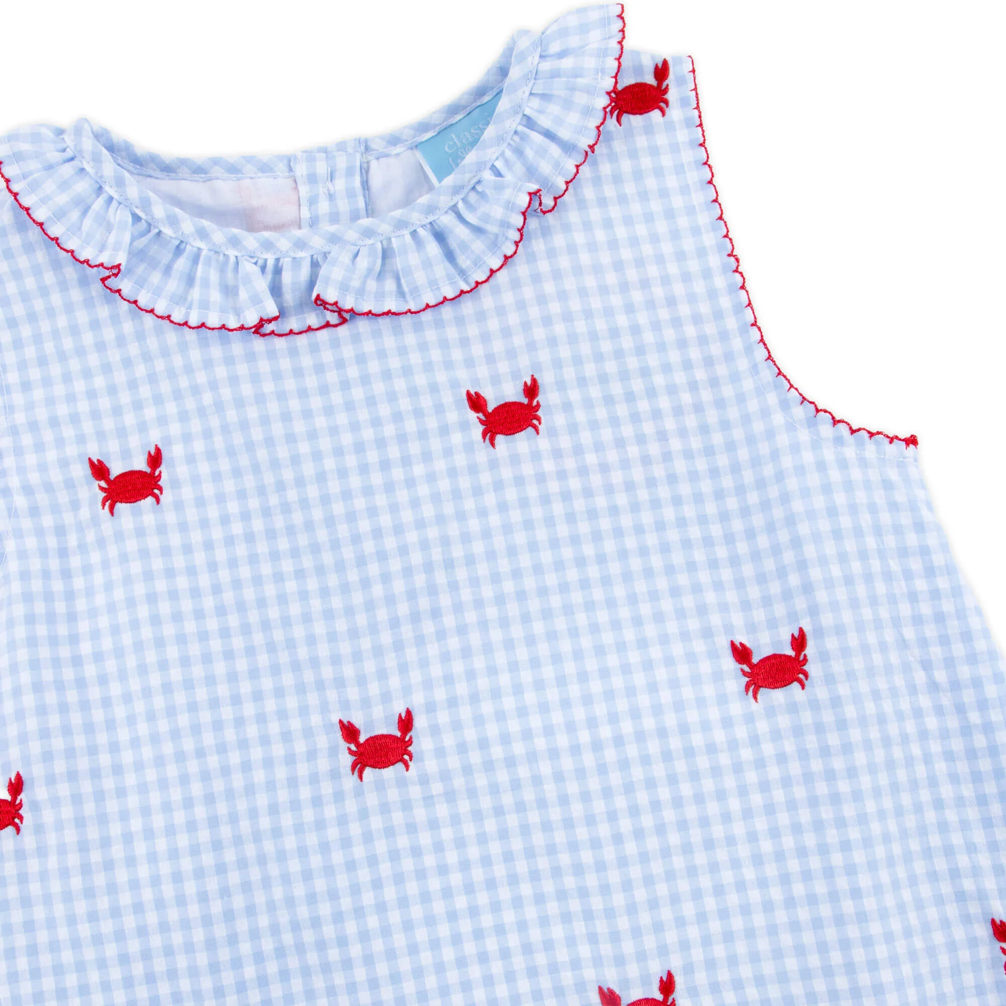 Crab Schiffli Blue Gingham Ruffle Collared Dress - Image 2